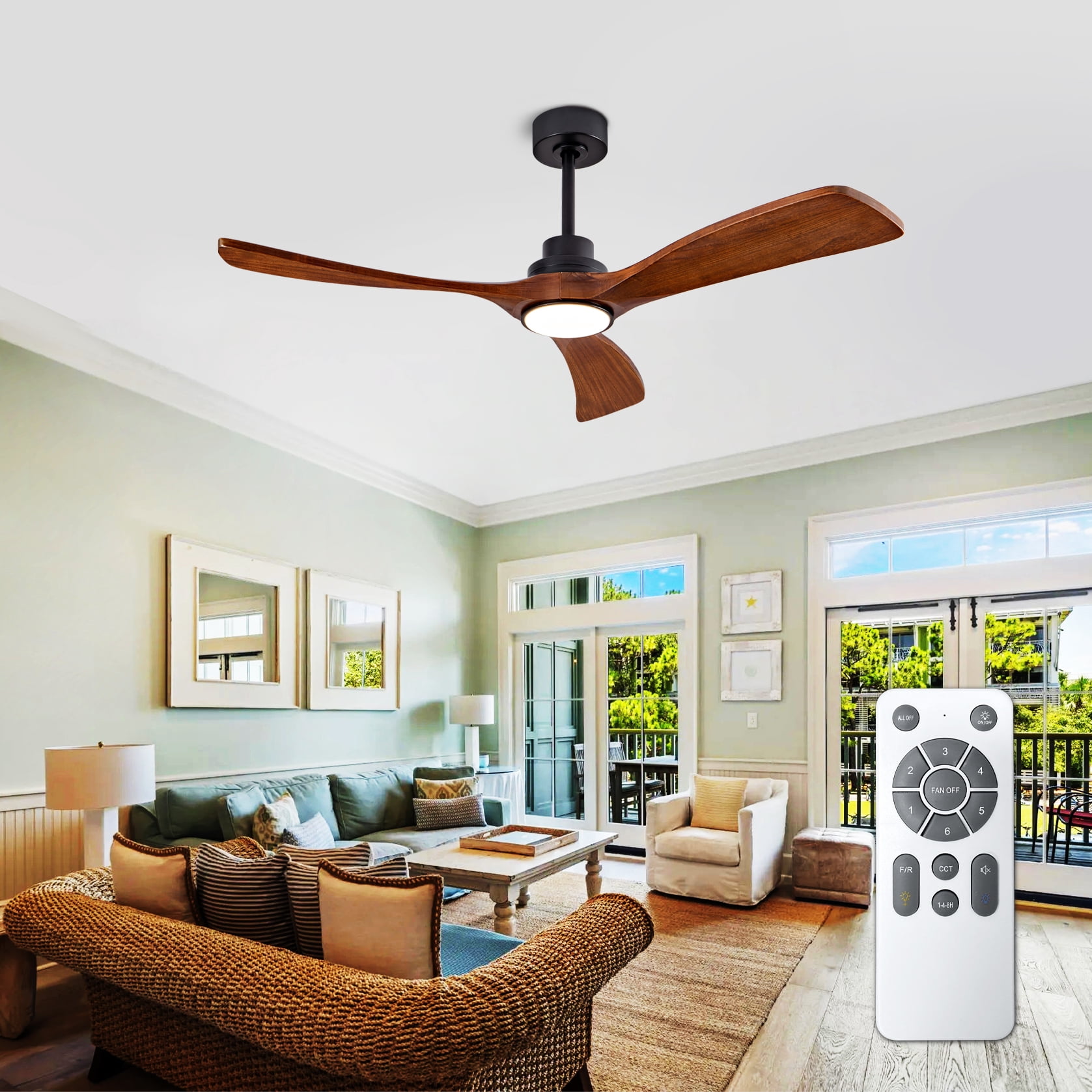 Mintazer 52 in Ceiling Fan with LED Light, Modern Ceiling Fan with Handheld Remote for Indoor Outdoor Bedroom Living Room, Walnut