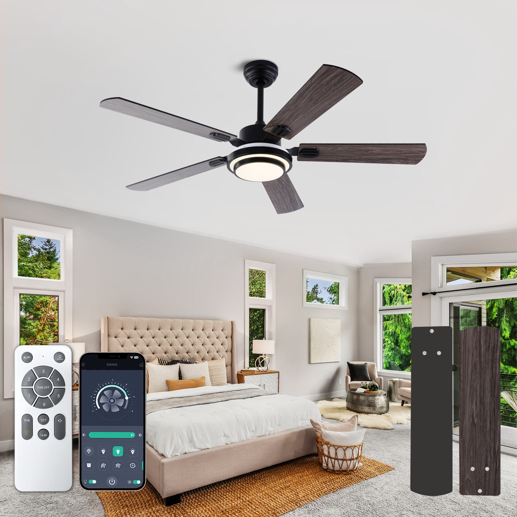 Mintazer 52 in Ceiling Fan with LED Light, Modern Ceiling Fan with Remote Control for Bedroom Living Room Indoor Outdoor, Black