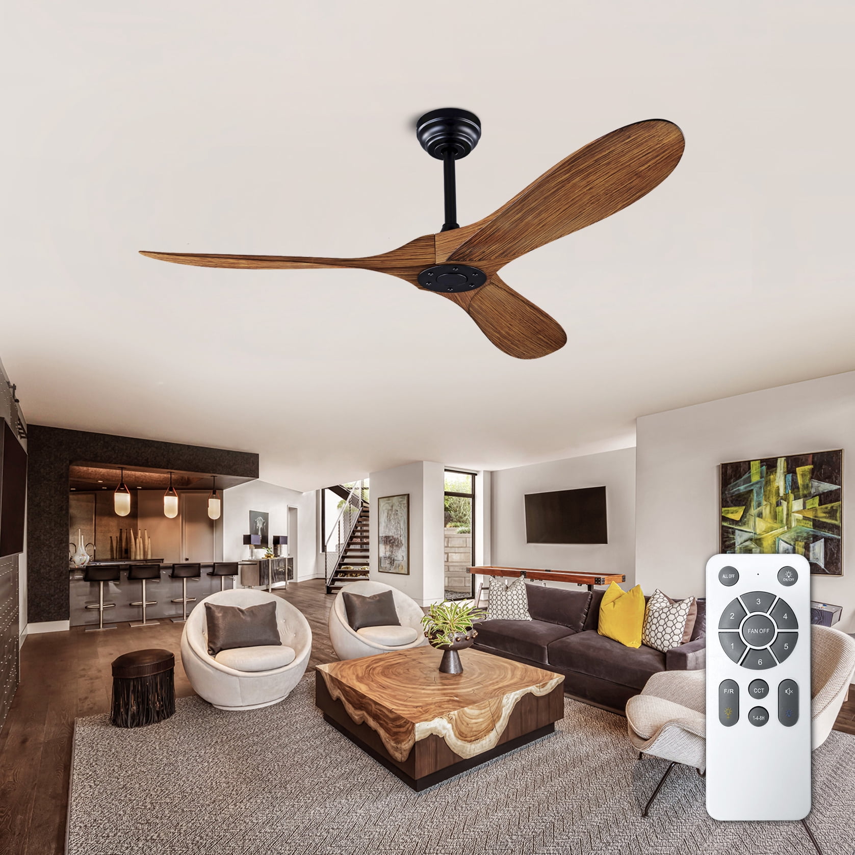 Mintazer 52 in Ceiling Fan with Lights and Remote, Modern Ceiling Fan with 6 Speed & 3 Blade for Farmhouse Bedroom Living Room Gazebo Patio, Brown