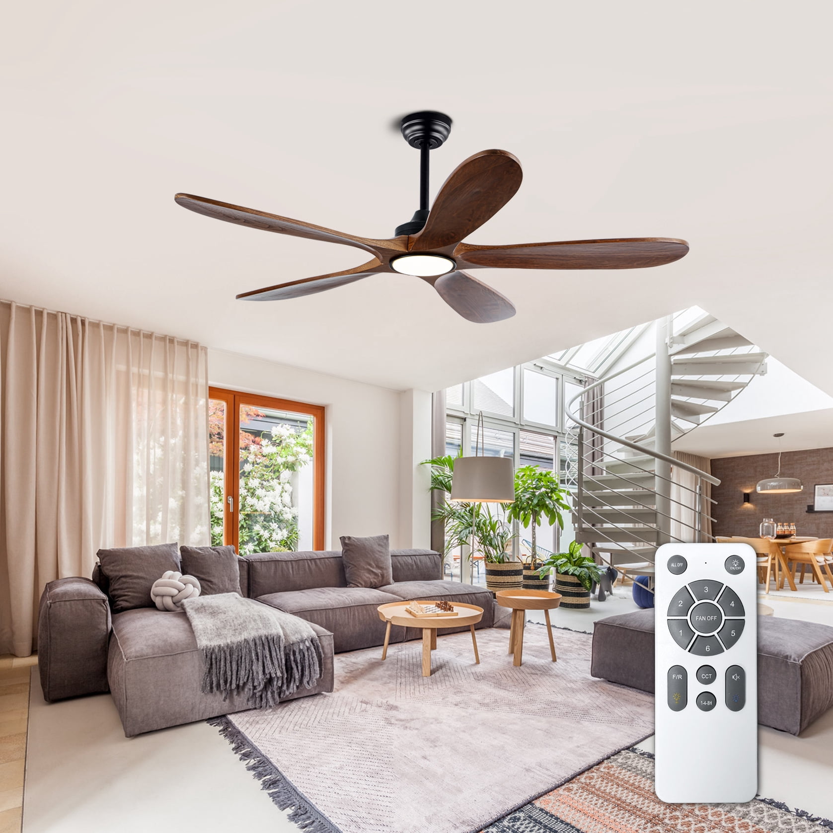 Mintazer 52 in Ceiling Fan with Lights and Remote, Modern Ceiling Fan with 6 Speed & 5 Blade for Farmhouse Bedroom Living Room Gazebo Patio, Brown