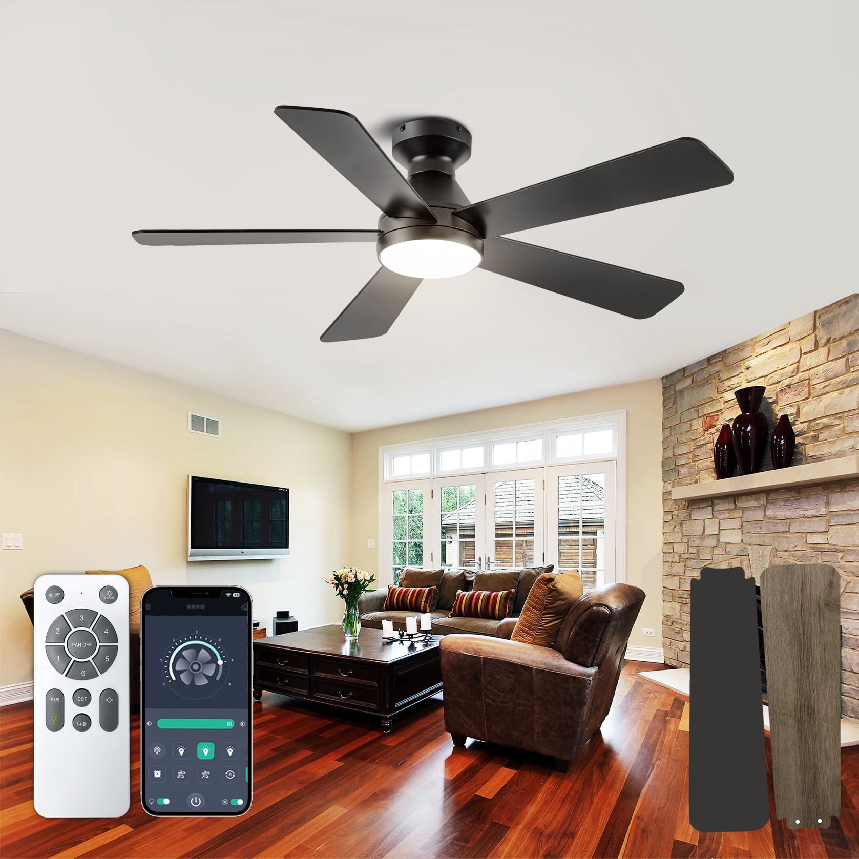 Mintazer 52 in Low Profile Ceiling Fan with Dimmable LED Light & Remote Control, Modern Ceiling Fan with Noiseless for Bedroom Living Room, Black