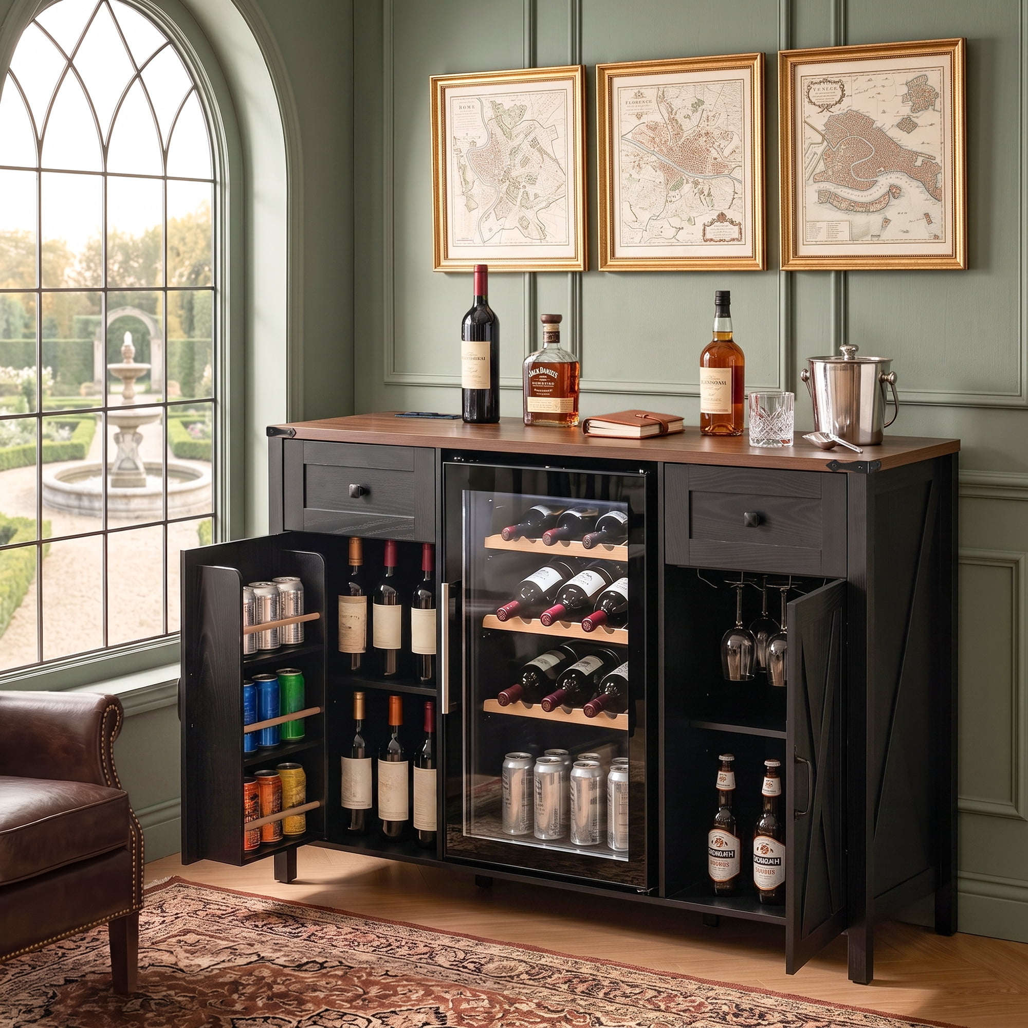 Mintazer 53.2" Farmhouse Coffee Bar Cabinet with Fridge Space & Charging Station, Barn Doors Sideboard Buffet Storage Cabinet with Drawers & Wine Glass Rack for Kitchen Dining Room Home Bar, Black