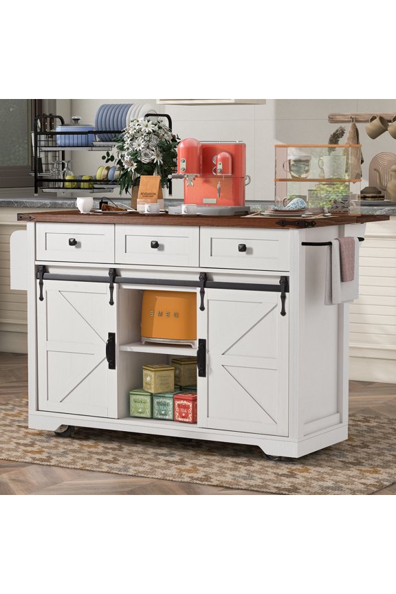 53.7" Farmhouse Kitchen Island with Power Outlet & Drop Leaf, Kitchen Storage Island with 2 Door & 3 Drawers, Spice Rack Rolling Kitchen Cart with Wheels for Home Kitchen, White