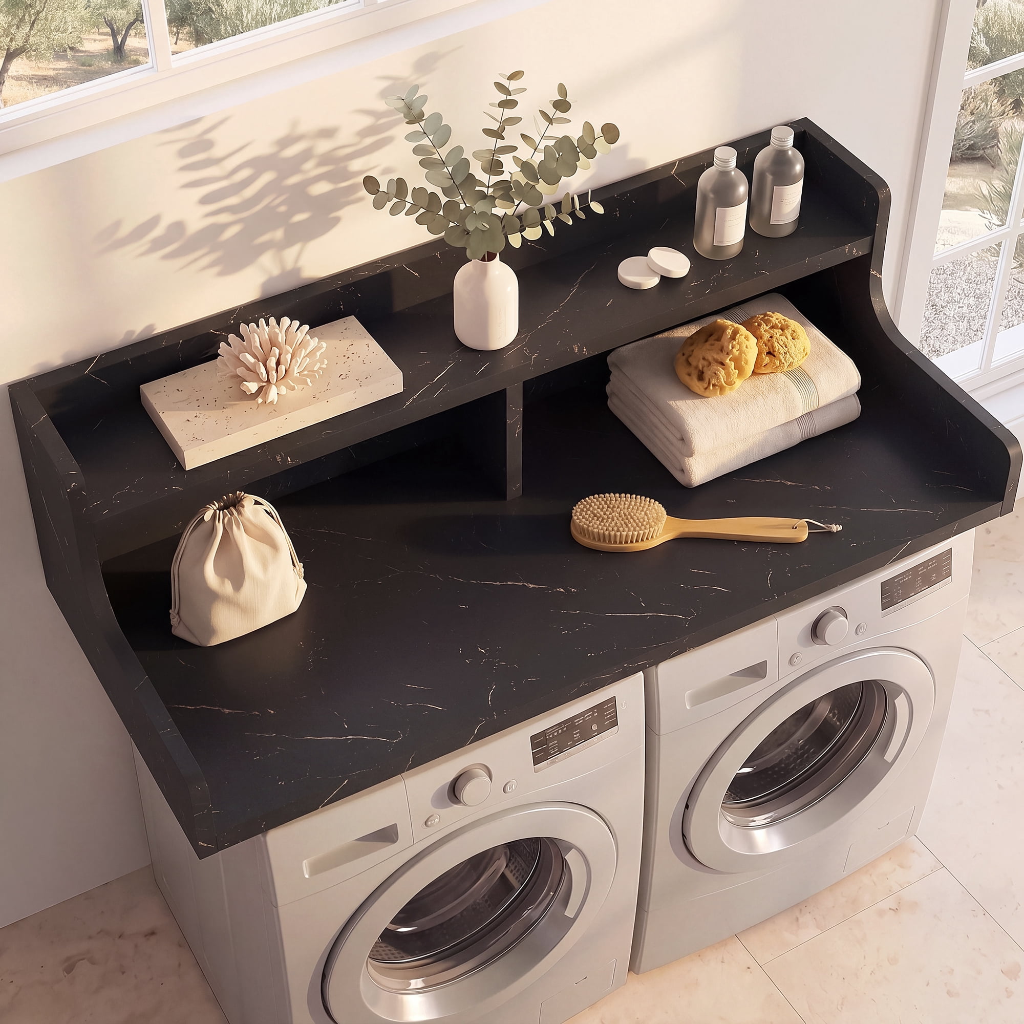 Mintazer 54" Laundry Room Countertop, 2 Tier Washer Dryer Topper with Storage Shelf for Laundry Room, Black