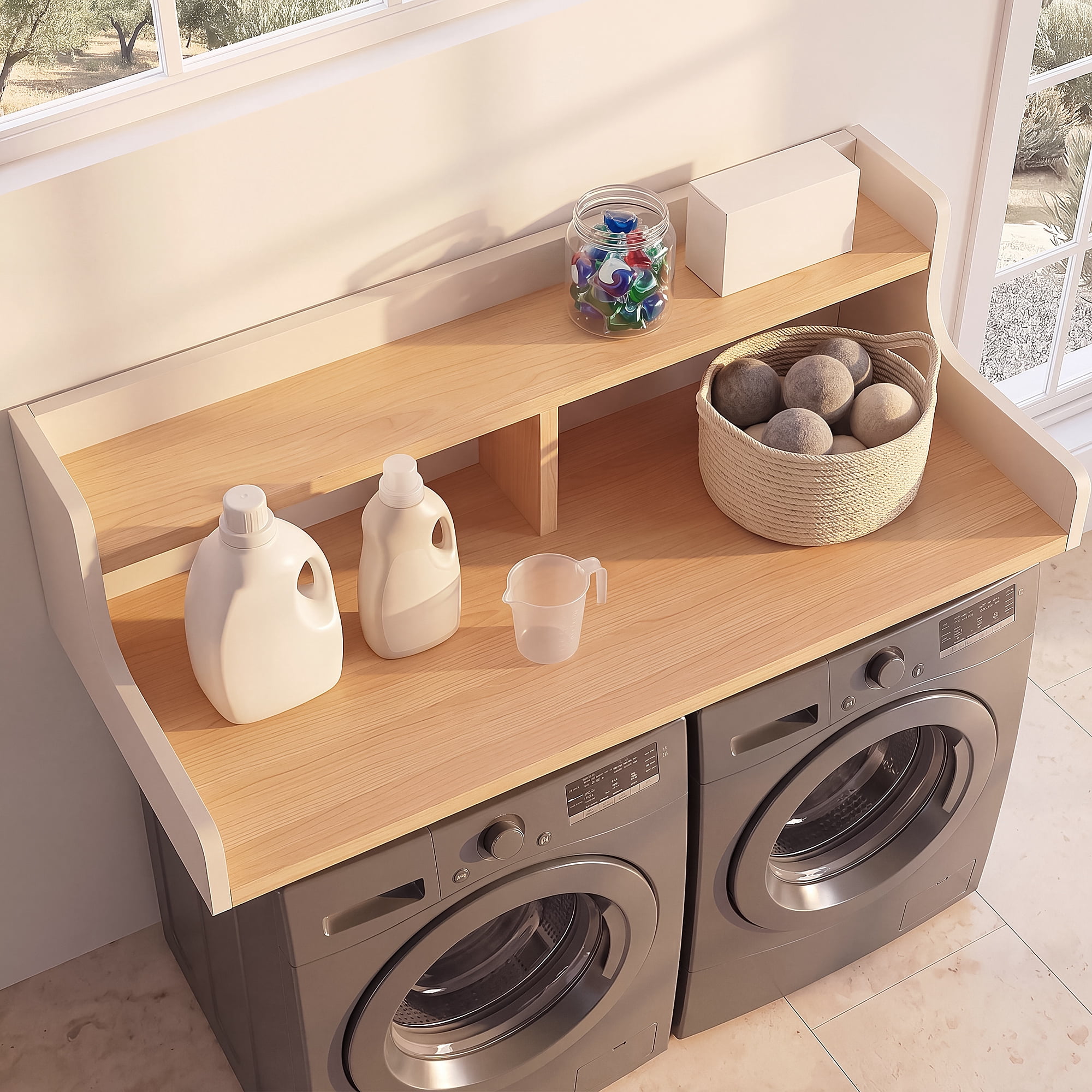 Mintazer 54" Laundry Room Countertop, 2 Tier Washer Dryer Topper with Storage Shelf for Laundry Room, Natural