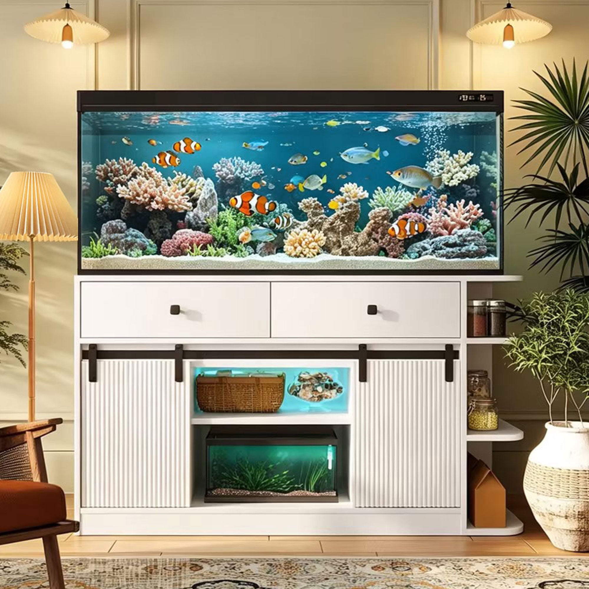Mintazer 55-75 Gallon Fish Tank Stand with LED Light & Charging Station, 55" Aquarium Stand with Storage & Sliding Doors, Heavy Duty Tank Stand for 2 Fish Tank Terrarium, 1200lbs, White