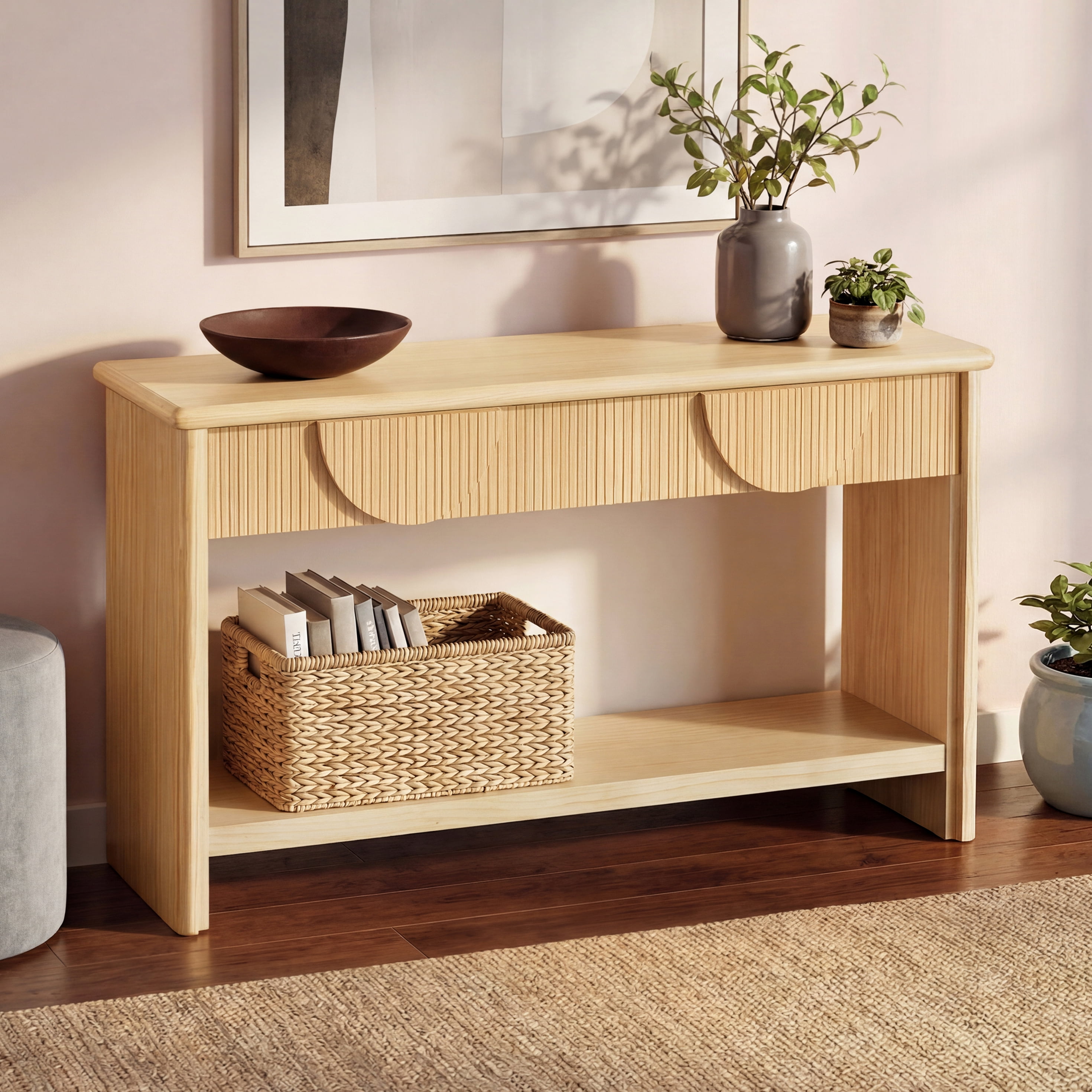 Mintazer 55" Console Table with 2 Soft Close Drawers, Modern Fluted Semi-Circular Drawer Entryway Table with Open Bottom Shelf, Rounded Edge Sofa Table for Hallway Living Room, Natural