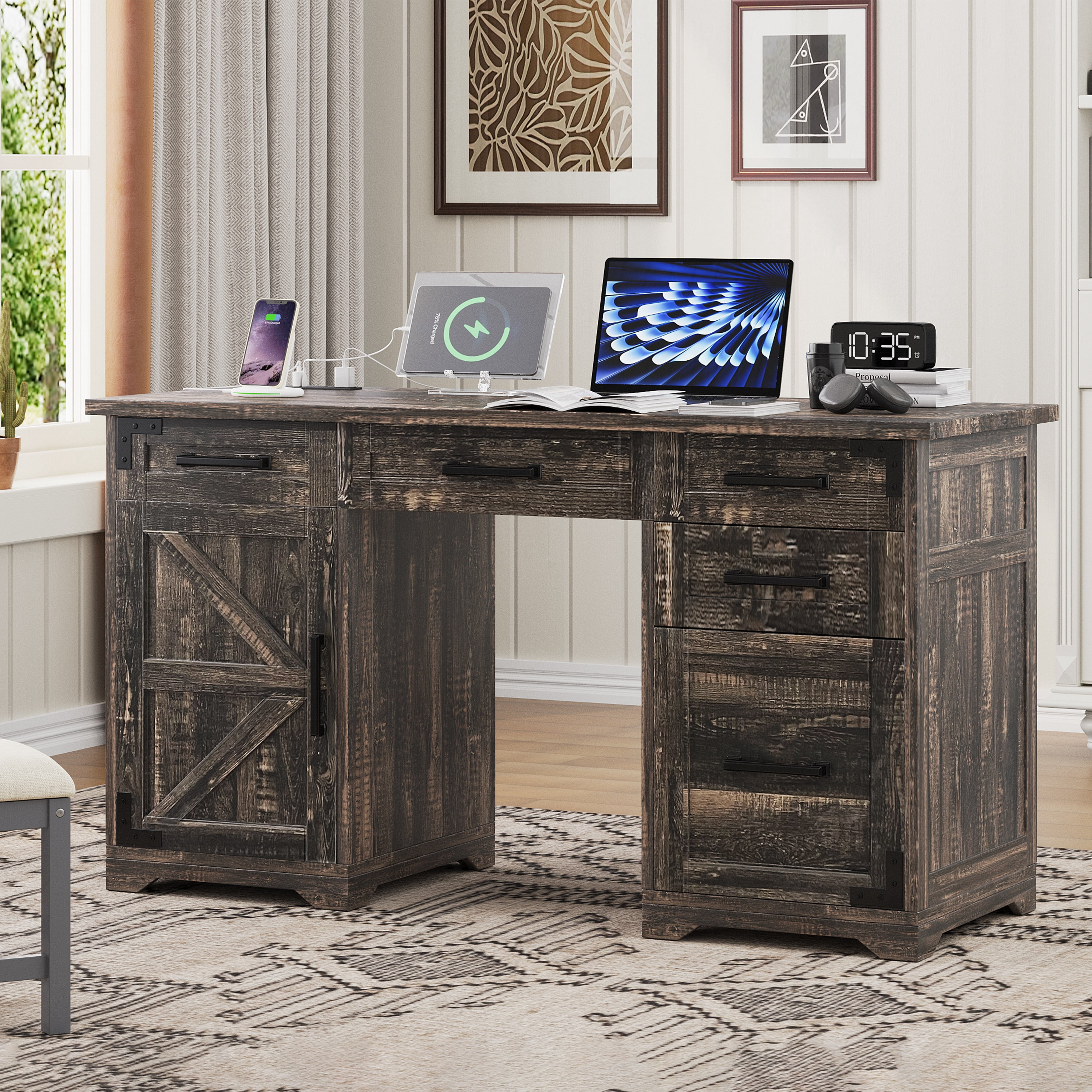 Mintazer 55" Farmhouse Executive Desk with Charging Station & Storage Cabinets, Computer Desk with 5 Drawer for Home Office, Rustic Gray