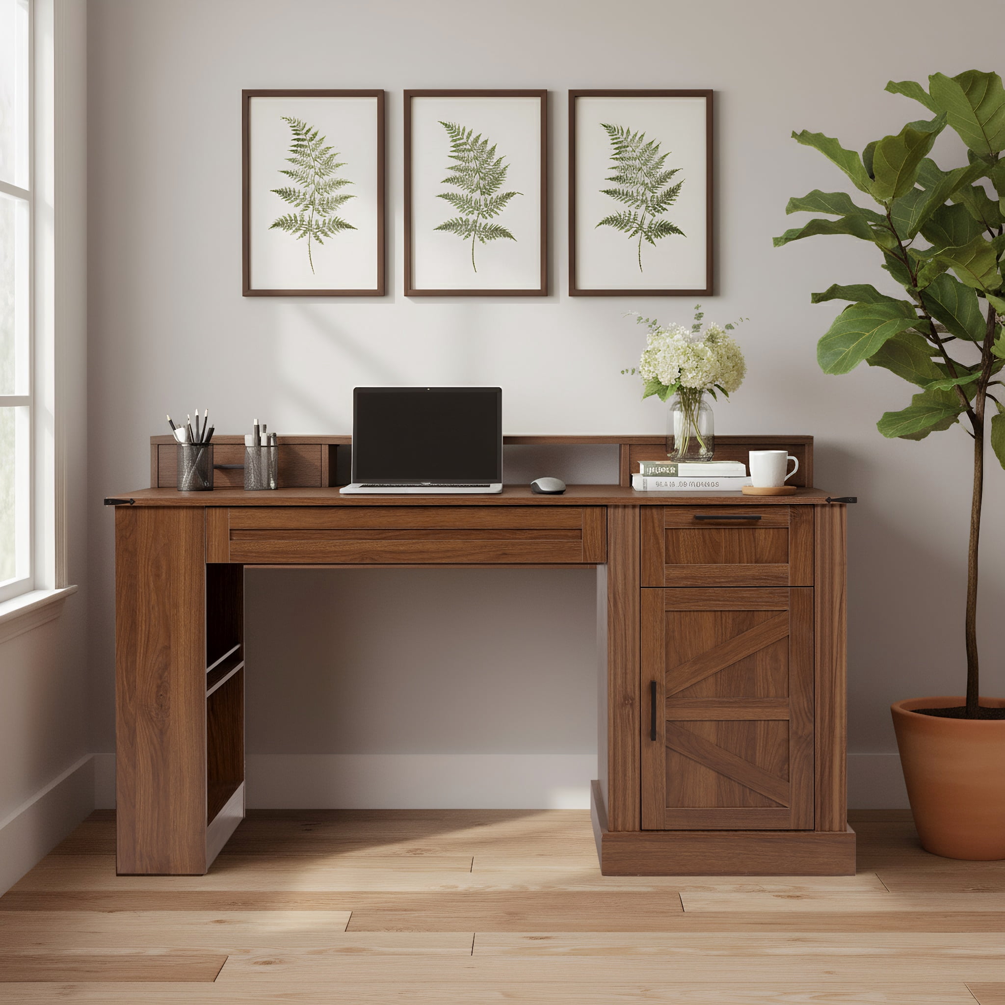 Mintazer 55" Farmhouse Office Desk with Charging Station & Storage Drawers, Computer Writing Desk with Monitor Stand, Keyboard Tray & Pegboard for Study Living Room Home Office, Walnut