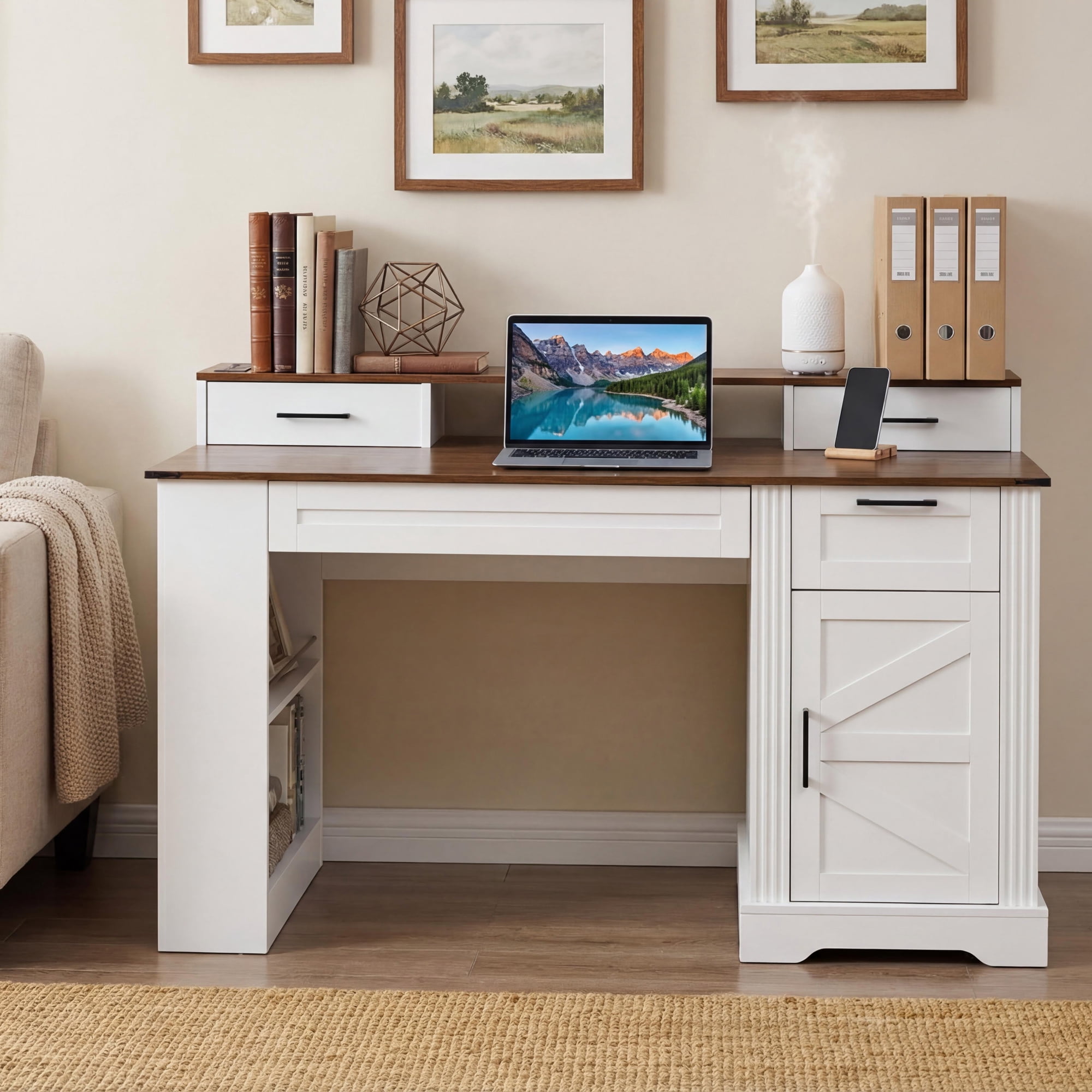 Mintazer 55" Farmhouse Office Desk with Charging Station & Storage Drawers, Computer Writing Desk with Monitor Stand, Keyboard Tray & Pegboard for Study Living Room Home Office, White