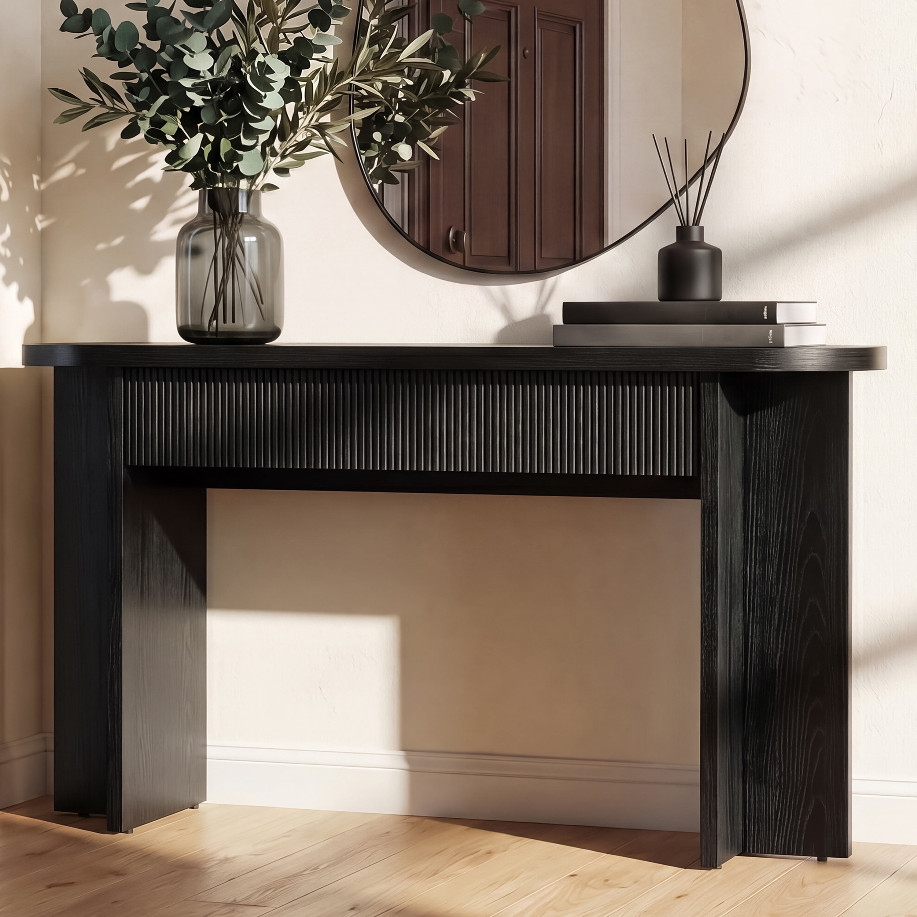 Mintazer 55" Fluted Console Table with 2 Drawers, Modern Entryway Tables with Storage, Sofa Table for Entryway Hallway Living Room, Black