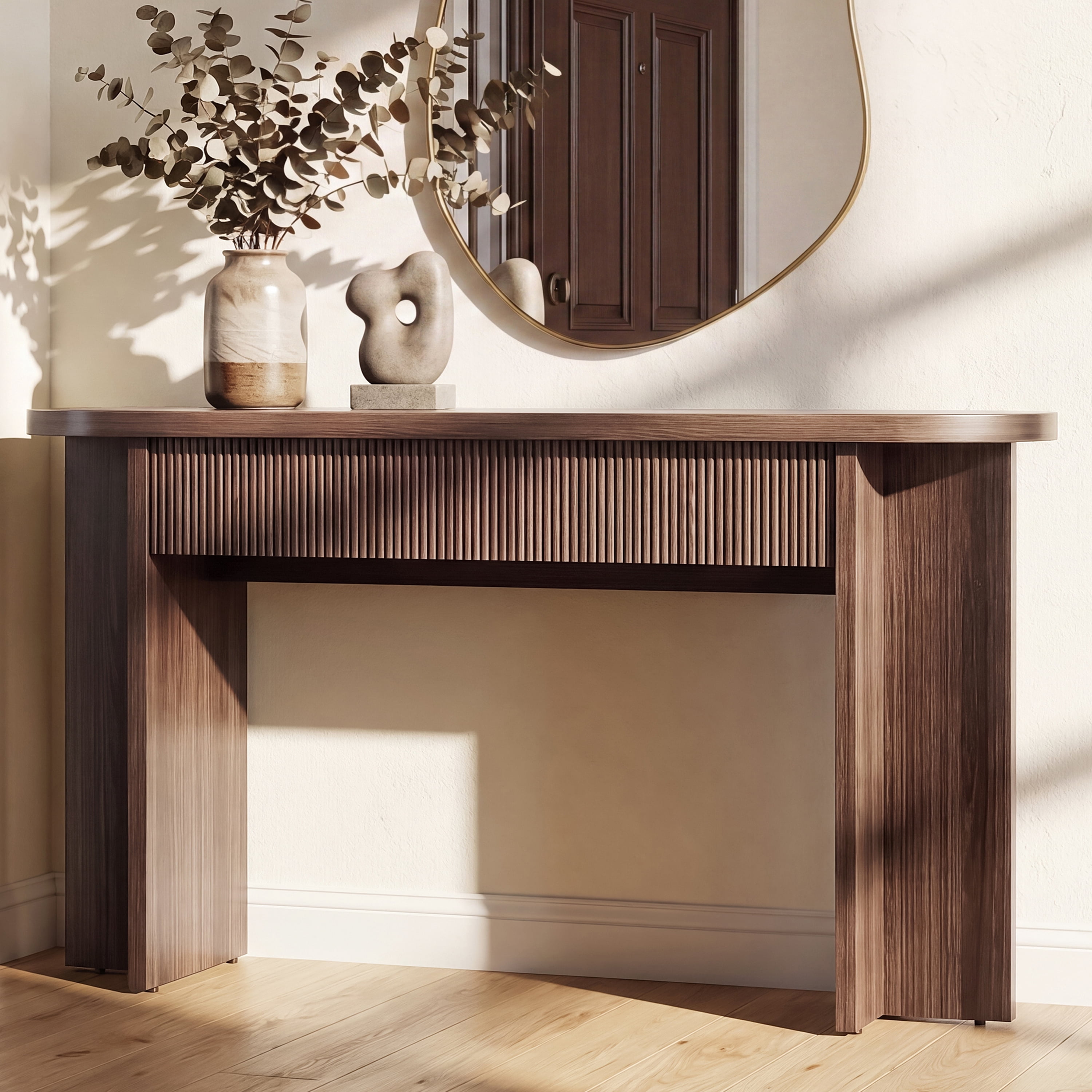 Mintazer 55" Fluted Console Table with 2 Drawers, Modern Entryway Tables with Storage, Sofa Table for Entryway Hallway Living Room, Brown