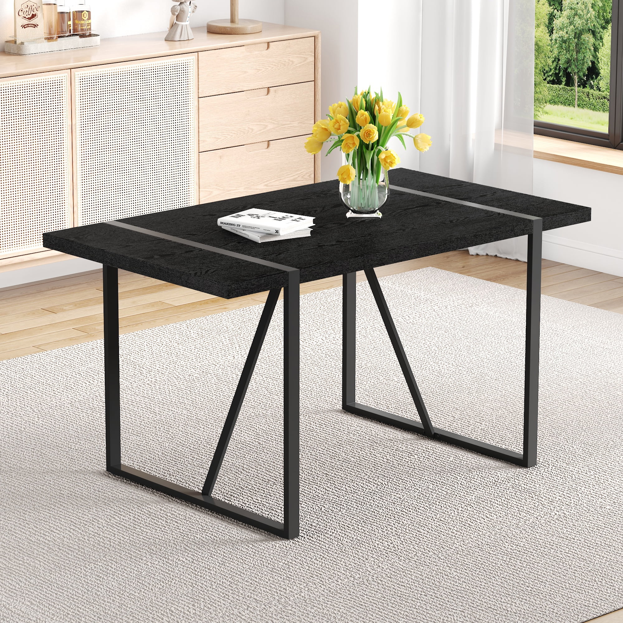 Mintazer 55 Inch Modern Black Wood Grain Rectangular Dining Table with Sturdy Metal Frame, Minimalist Kitchen Table for 4-6 People, Black