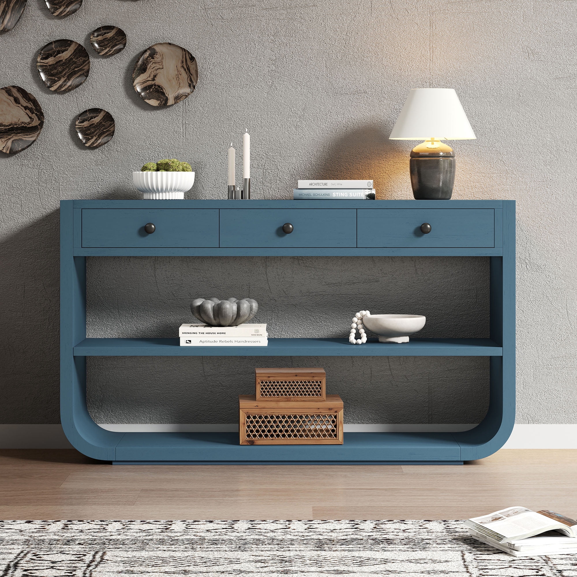 Mintazer 55" Modern Curved Console Table with 3 Soft-Close Drawers & 2 Open Shelves for Entryway, Living Room, Hallway, Blue