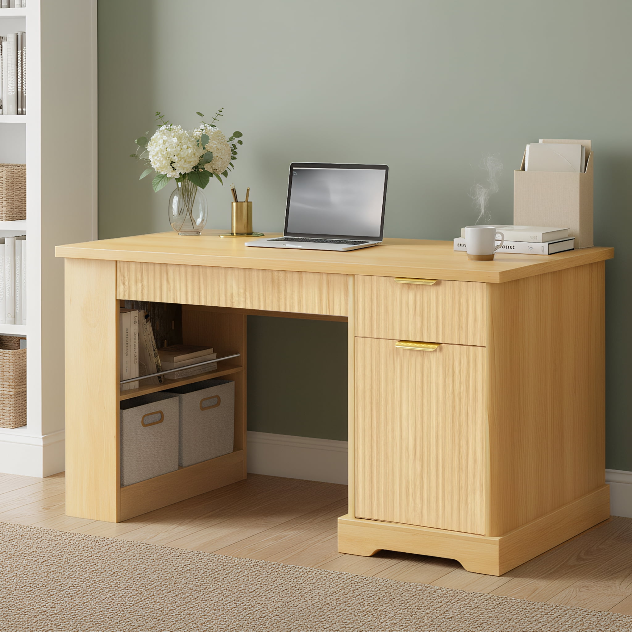 Mintazer 55" Modern Fluted Office Desk with Charging Station & Storage Cabinet, Computer Writing Desk with Keyboard Tray & Pegboard and Shelves for Study Living Room Home Office, Natural