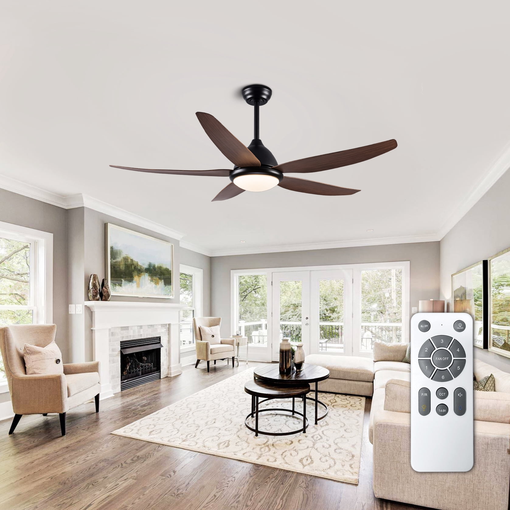 Mintazer 56 in Ceiling Fan with LED Light & Remote Control, Modern Ceiling Fan with 6 Speeds & Reversible Blade for Indoor Outdoor, Walnut