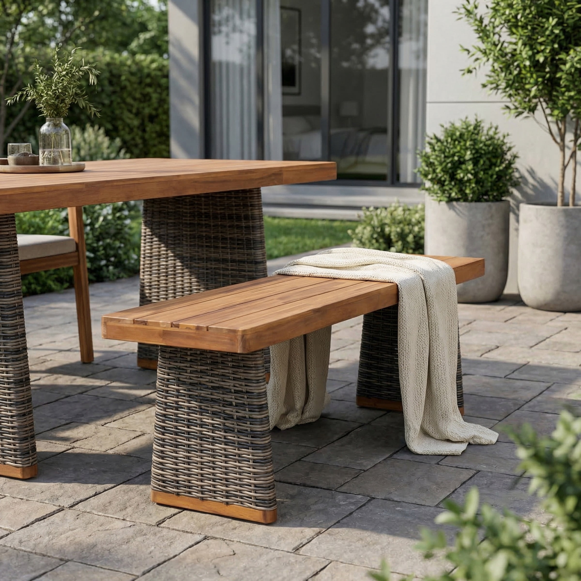 Mintazer 57 " Patio Dining Bench, Outdoor Bench with Hand-Woven PE Rattan Tapered Leg for Balcony Garden Backyard Porch, Natural