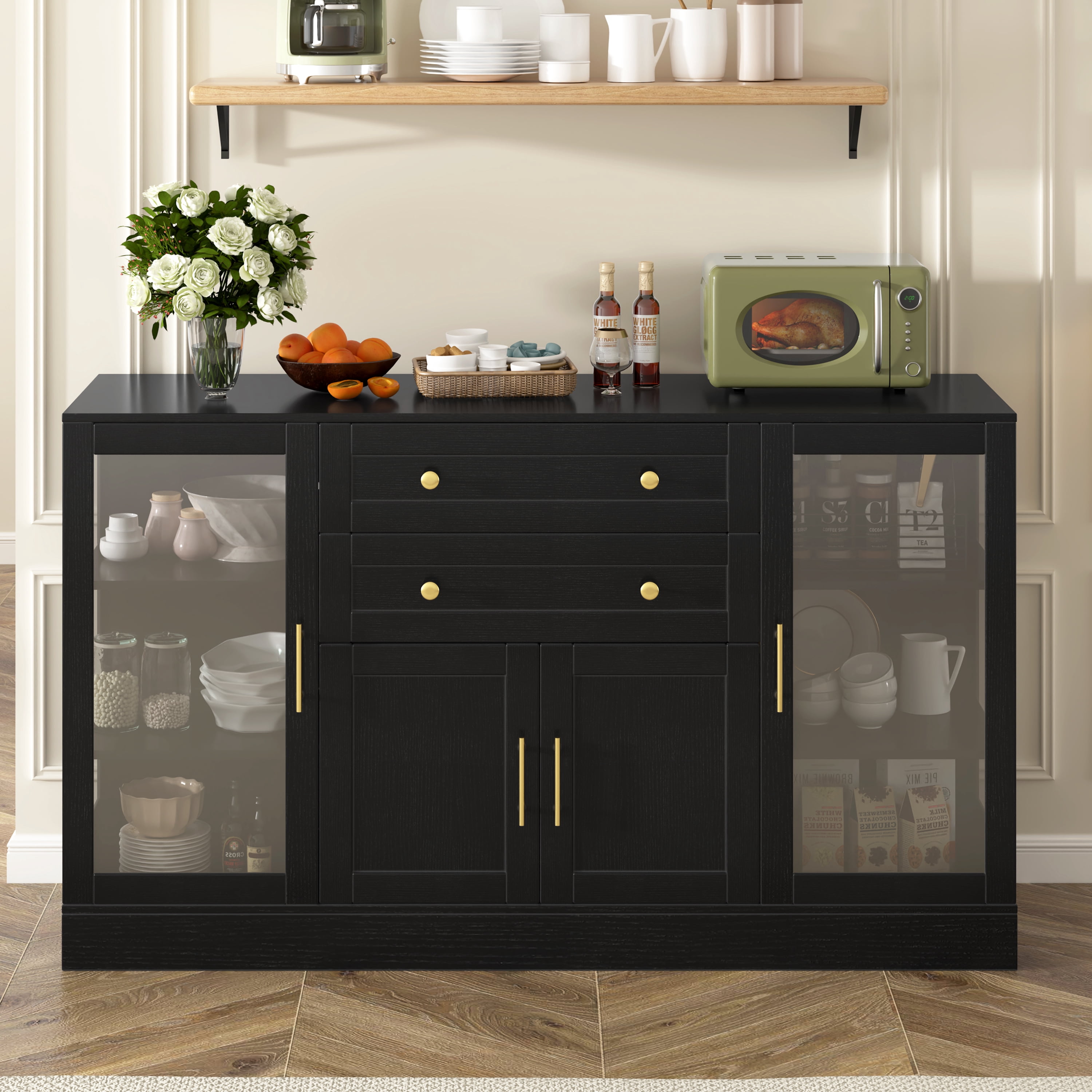 Mintazer 58" Modern Acrylic Sideboard Buffet Cabinet with Power Outlet & Adjustable Shelves, Storage Cabinet with 4 Doors & 2 Drawers for Dining Room Living Room Kitchen, Black