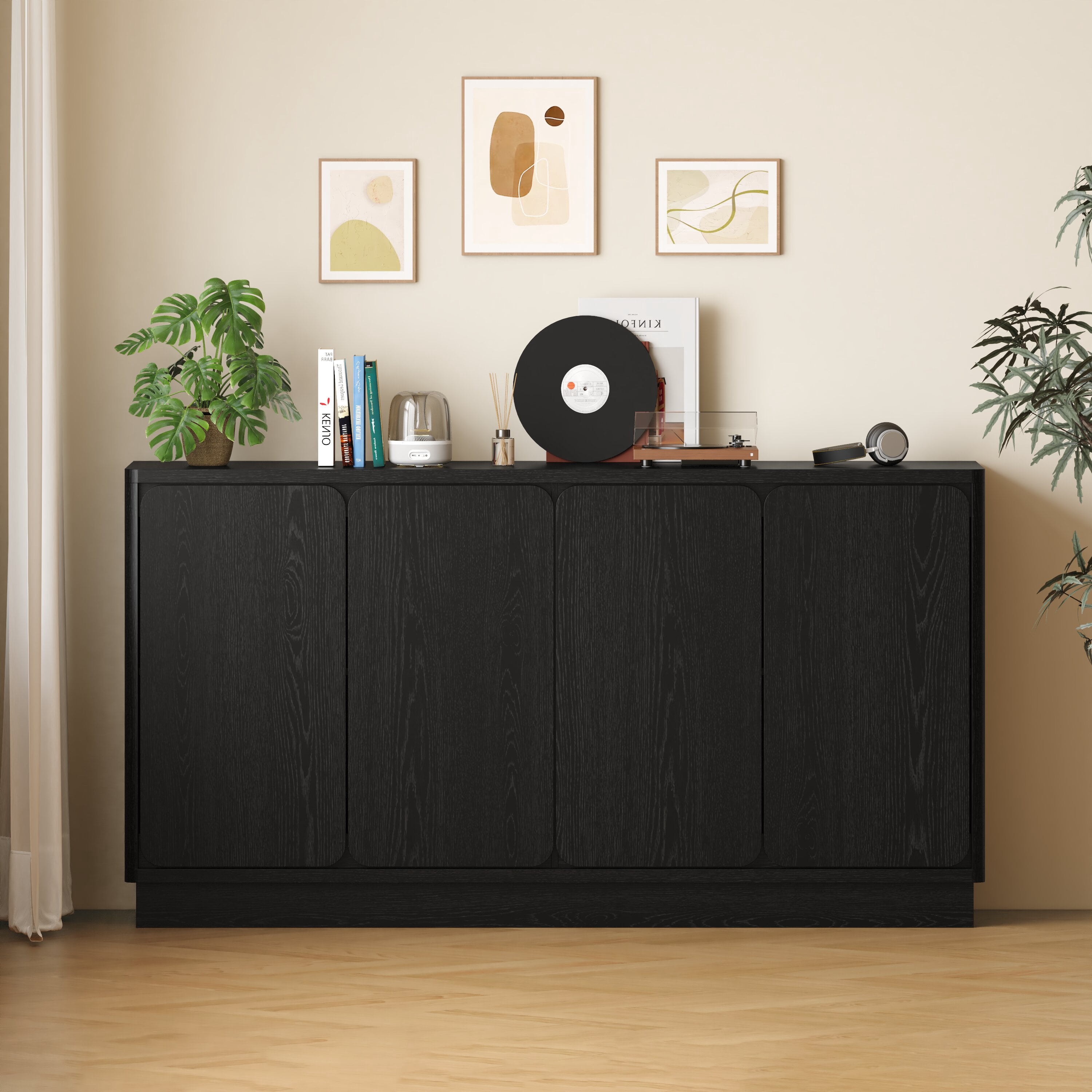 Mintazer 59.1"W Sideboard Buffet Cabinet with Adjustable Shelves, 4 Door Storage Credenza Cabinet for Dining Room Kitchen Living Room, Entryway, Black