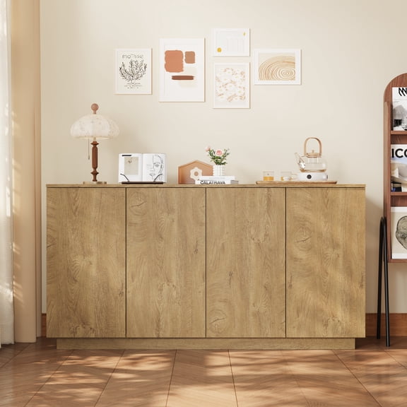 Mintazer 59.1"W Sideboard Buffet Cabinet with Adjustable Shelves, 4 Door Storage Credenza Cabinet for Dining Room Kitchen Living Room, Entryway, Natural