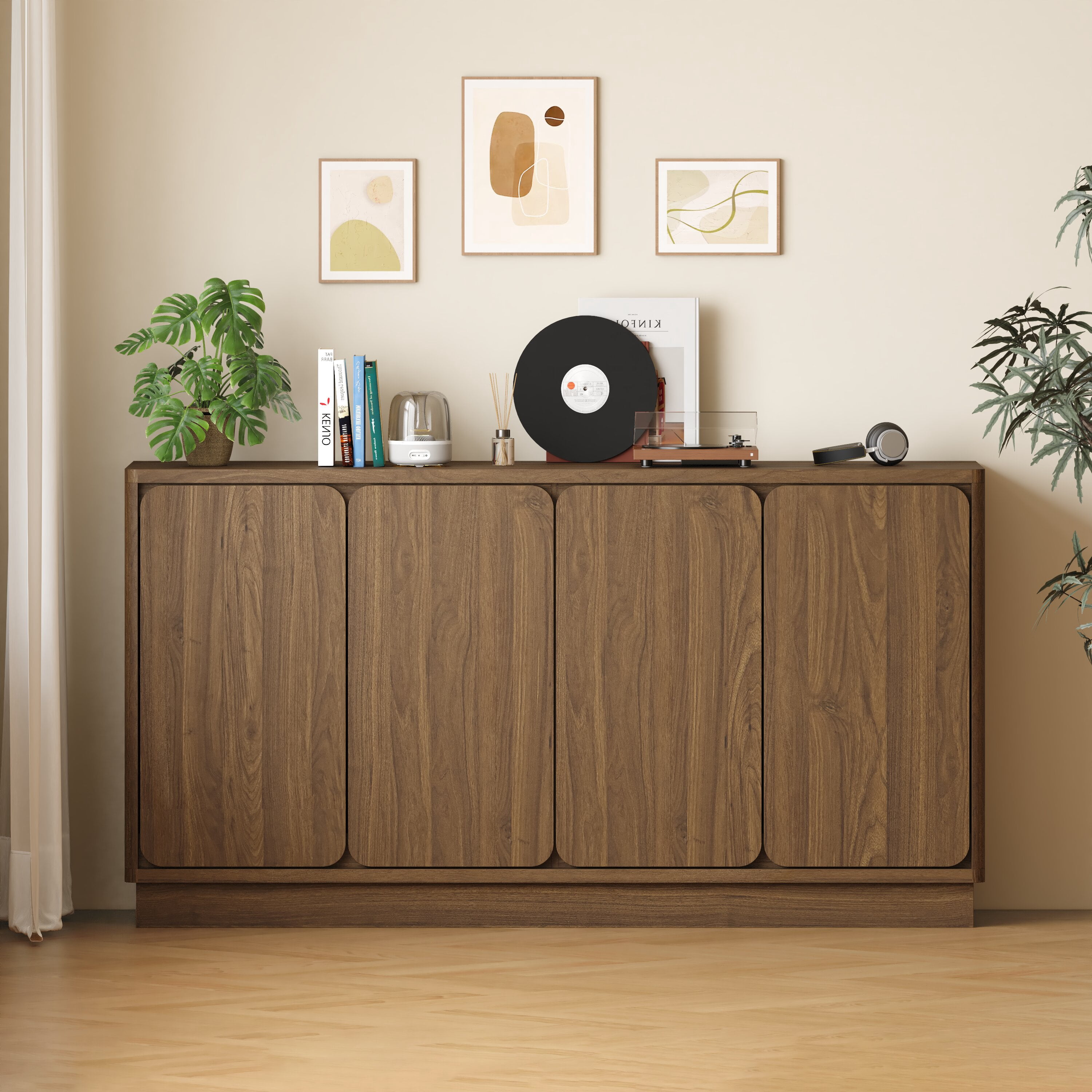 Mintazer 59.1"W Sideboard Buffet Cabinet with Adjustable Shelves, 4 Door Storage Credenza Cabinet for Dining Room Kitchen Living Room, Entryway, Walnut