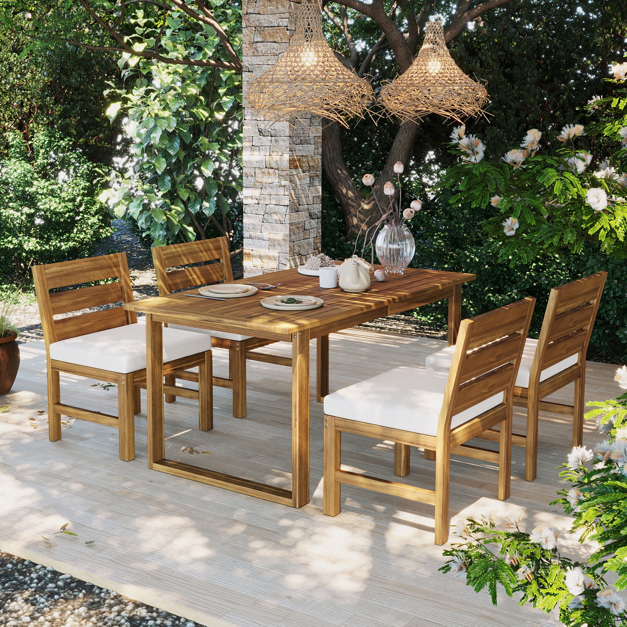 Mintazer 59" 5-Piece Outdoor Dining Set with Chairs & Cushioned, Farmhouse Patio Furniture Set for Garden Backyard Poolside, Brown & Beige