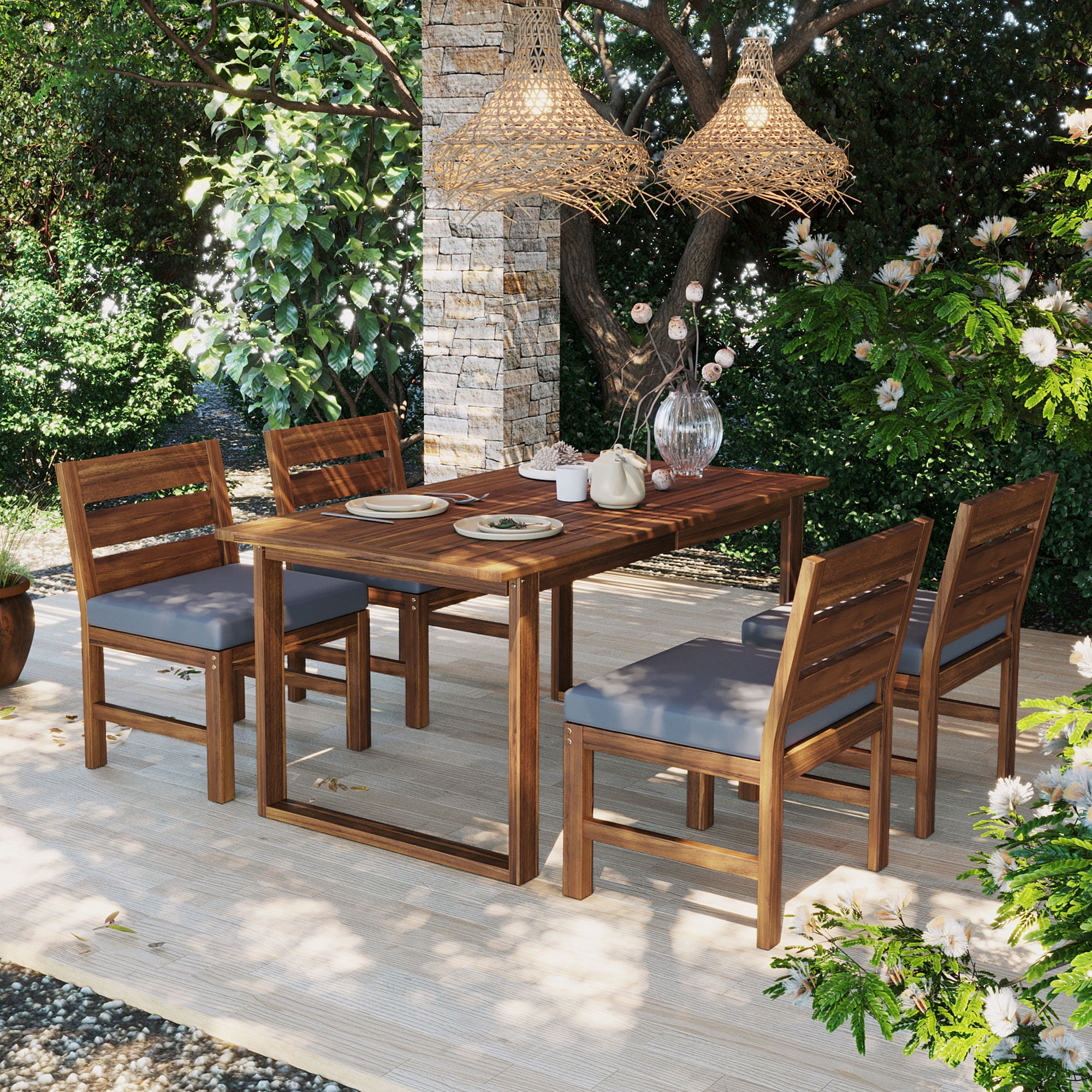 Mintazer 59" 5-Piece Outdoor Dining Set with Chairs & Cushioned, Farmhouse Patio Furniture Set for Garden Backyard Poolside, Brown & Gray