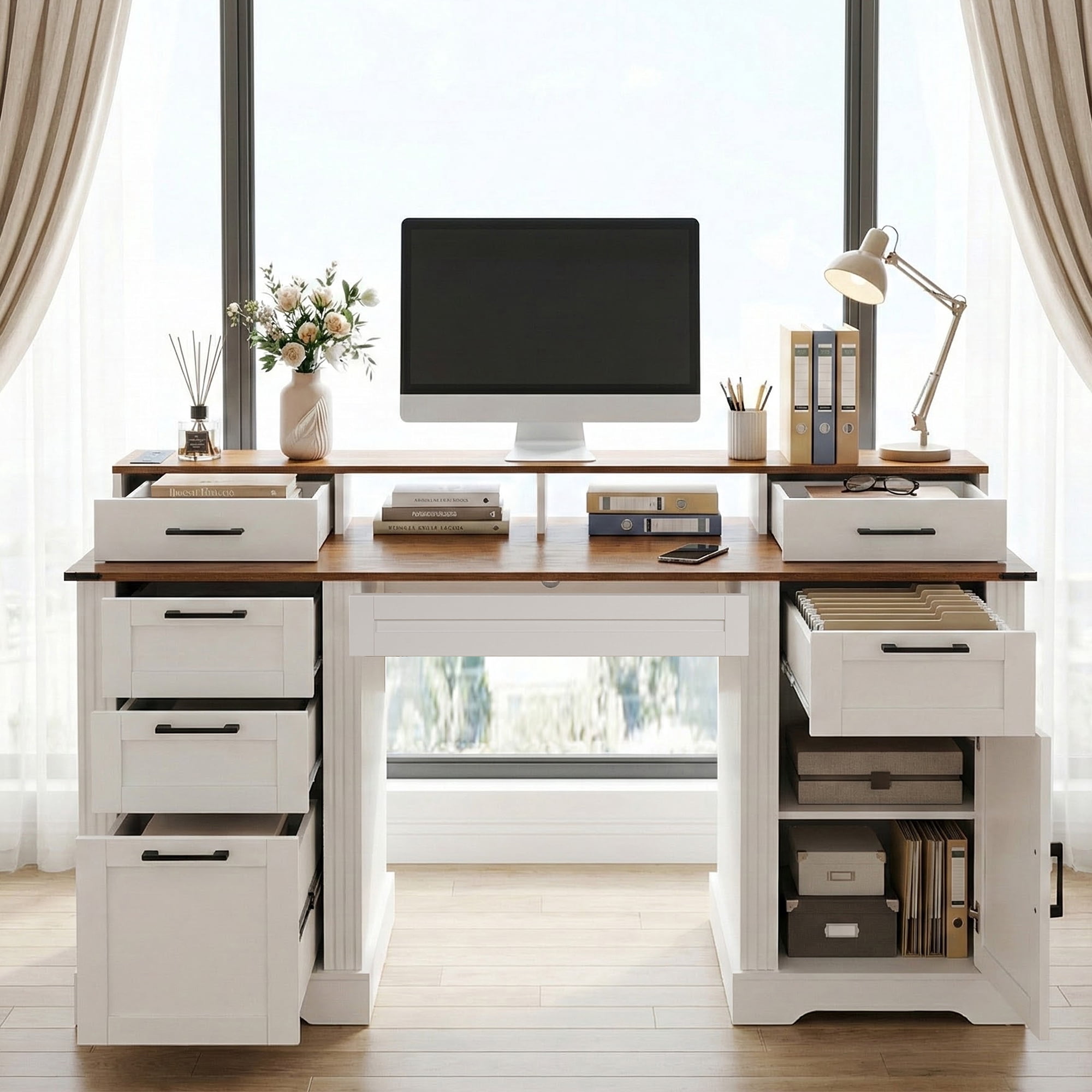 Mintazer 59" Farmhouse Office Desk with Charging Station & Storage Drawers, Computer Writing Desk with Monitor Stand & Keyboard Tray and File Cabinet for Study Living Room Home Office, White