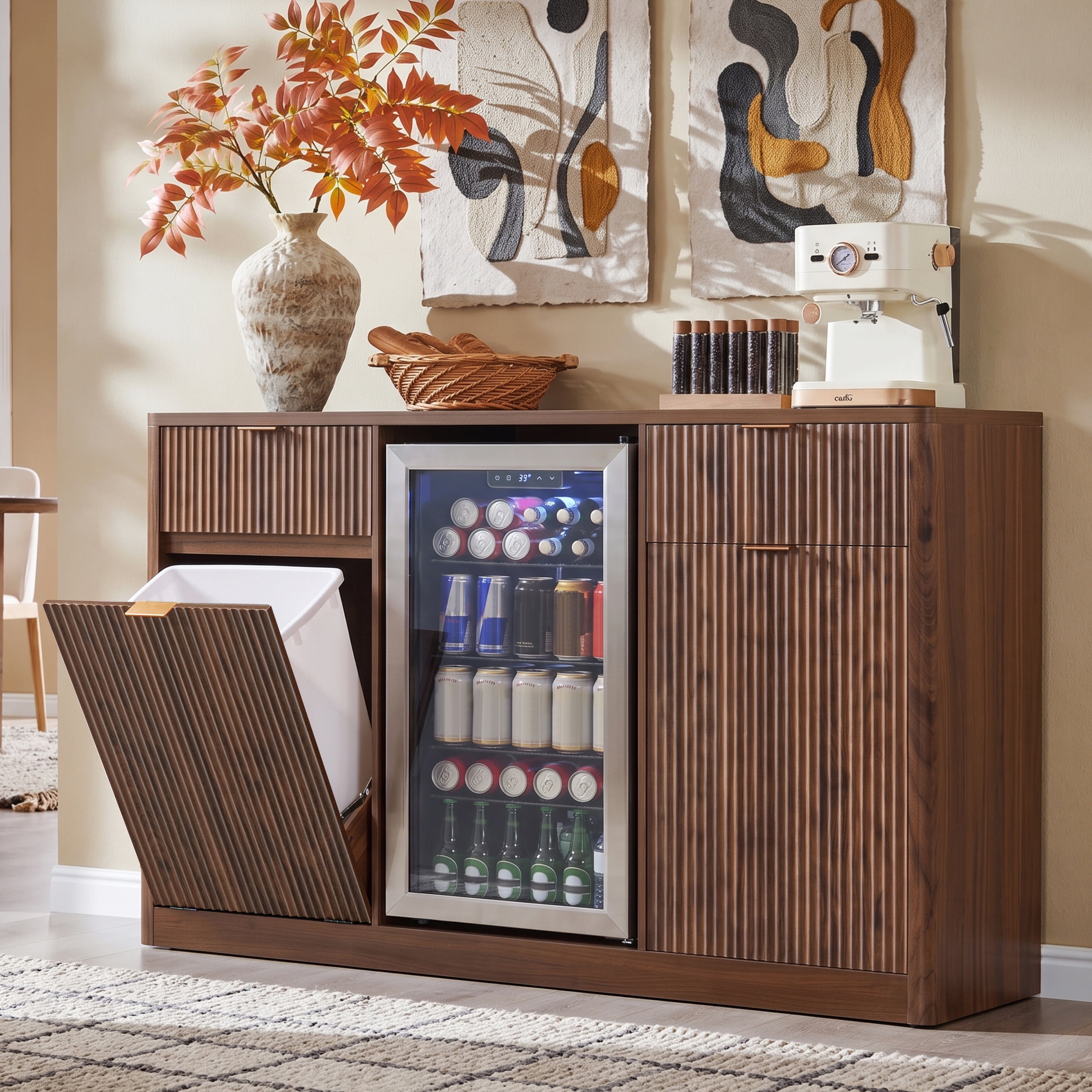 Mintazer 59" Fluted Coffee Bar Cabinet with Fridge Space & Tilt-Out Trash Cabinet, Sideboard with Charging Station and Wine Glass Holder & Adjustable Shelves for Kitchen Dining Living Room, Walnut
