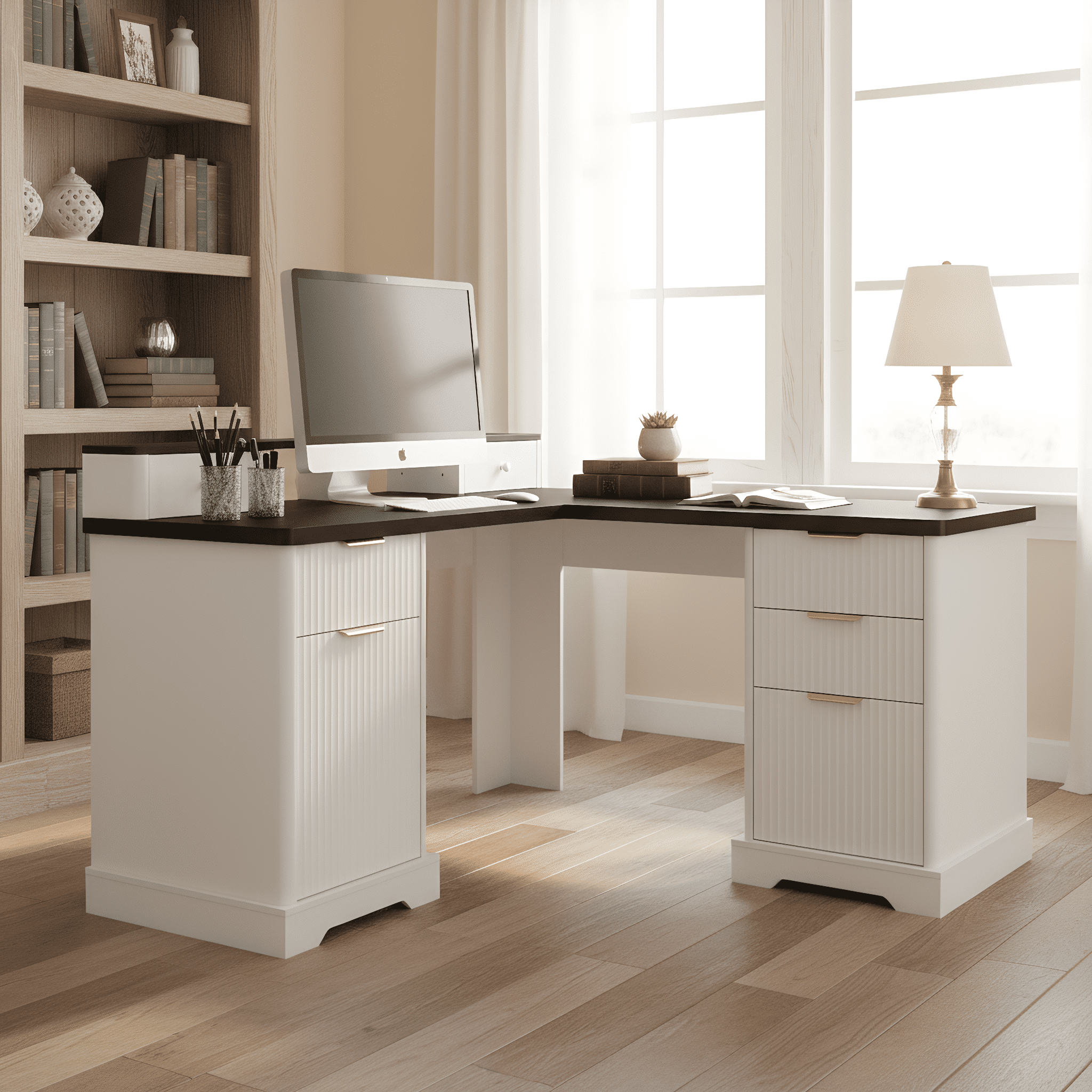 Mintazer 59" Modern Fluted L-Shaped Desk with Charging Station & Storage Drawers, Computer Desk with Monitor Stand & File Drawer for Study Living Room Home Office, White