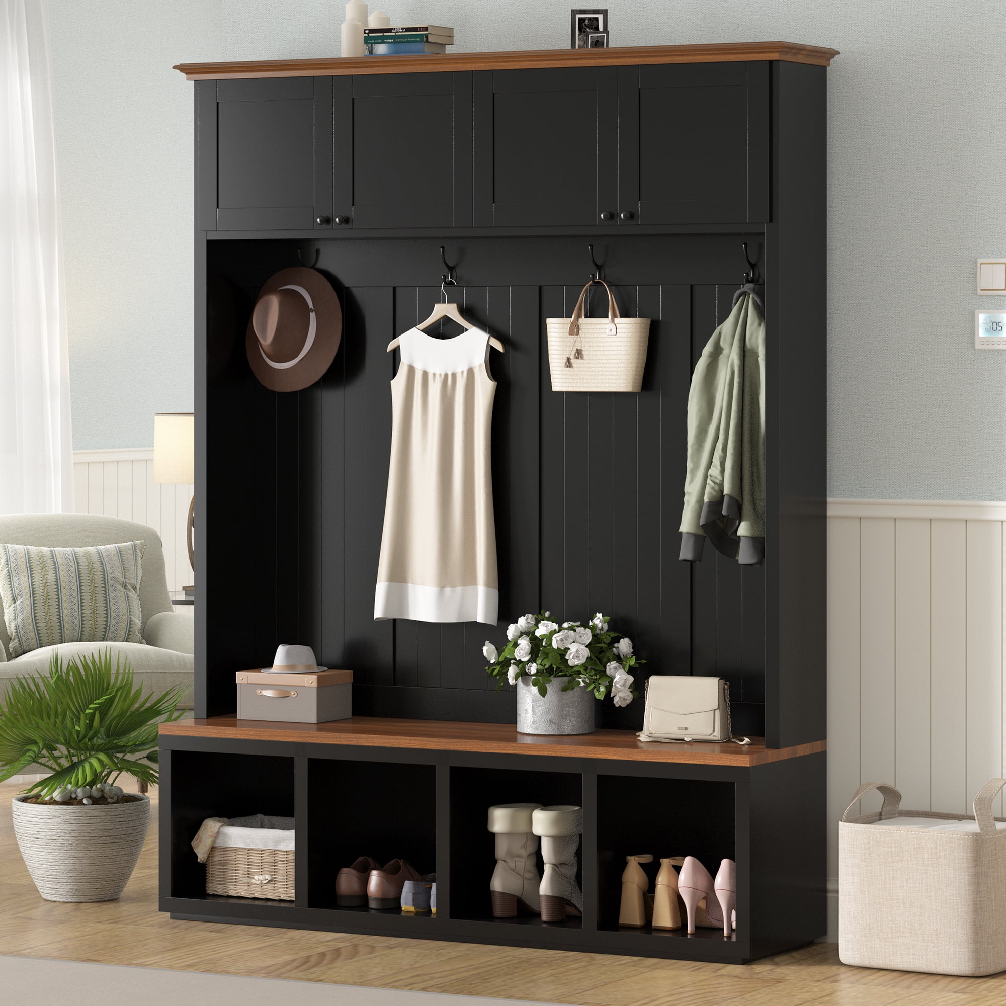 Mintazer 59"W Farmhouse Hall Tree with Bench, Shoe Storage, Cabinets, Coat Racks and Hooks for Hallway, Mudroom, Living Room, Black