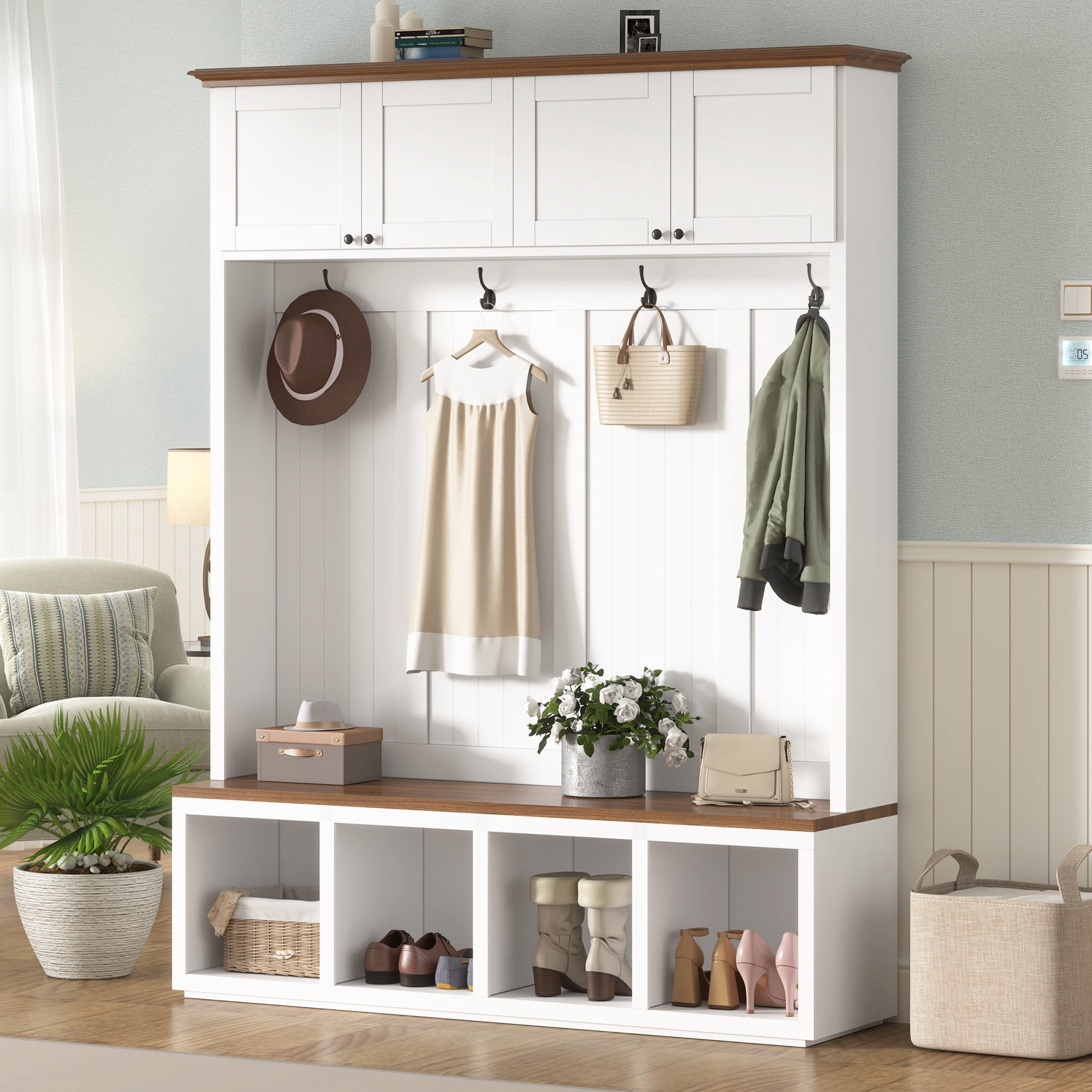 Mintazer 59"W Farmhouse Hall Tree with Bench, Shoe Storage, Cabinets, Coat Racks and Hooks for Hallway, Mudroom, Living Room, White