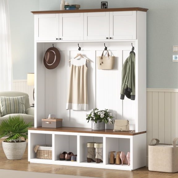 Mintazer 59"W Farmhouse Hall Tree with Bench, Shoe Storage, Cabinets, Coat Racks and Hooks for Hallway, Mudroom, Living Room, White