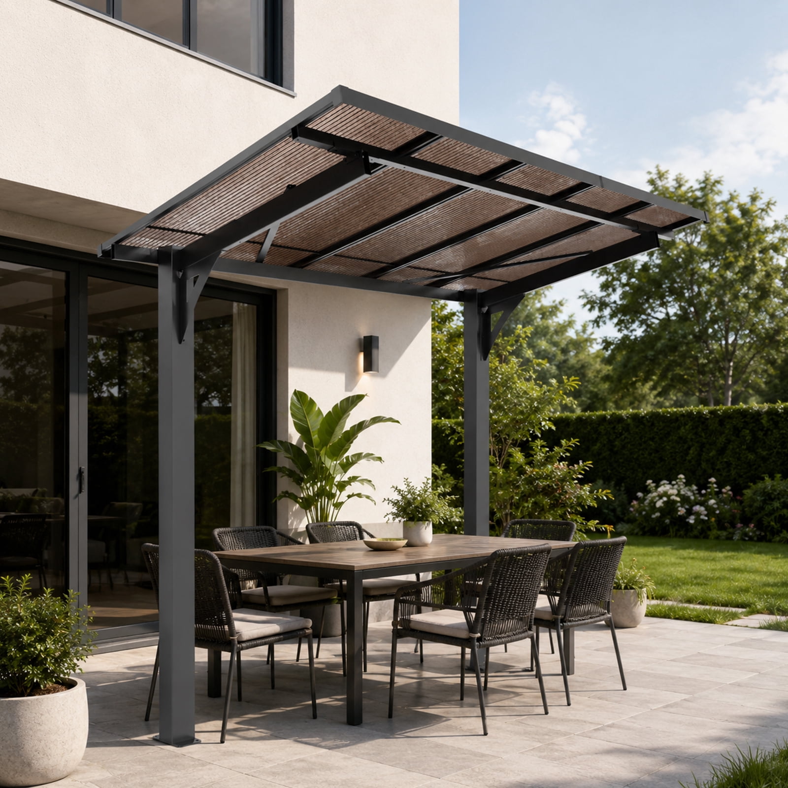 Mintazer 5x8ft Outdoor Wall-Mounted Patio Canopy, Heavy Duty Metal Awning with PC Roof, Freestanding Sun Shelter for Backyard, Bike, Grill & Patio Seating
