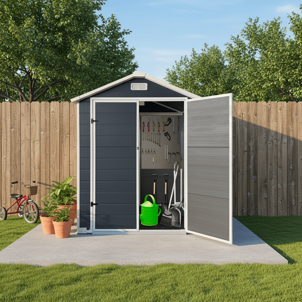 Mintazer 6×4ft Outdoor Storage Shed with Floor, Large Garden Tool Storage Building with 2 Lockable Door & Window, Weatherproof Bike Shed for Backyard Lawn Patio, Cold Gray