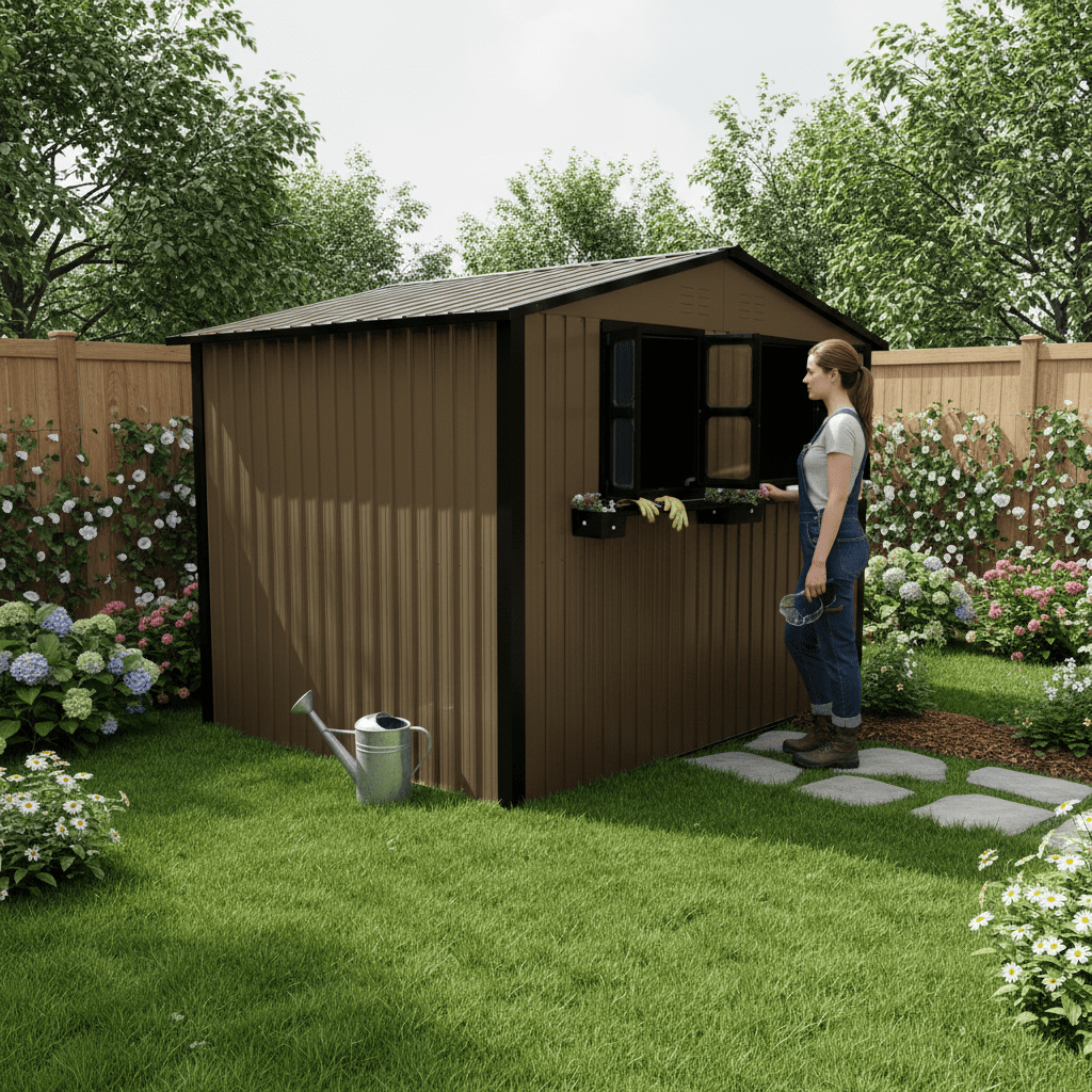 Mintazer 6×9ft Modern Metal Outdoor Storage Shed with Windows & Lockable Doors, Waterproof Weatherproof Garden Shed for Backyard Patio, Brown & Black