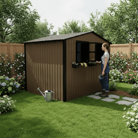 Mintazer 6×9ft Modern Metal Outdoor Storage Shed with Windows & Lockable Doors, Waterproof Weatherproof Garden Shed for Backyard Patio, Brown & Black