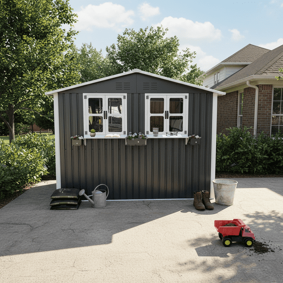 Mintazer 6×9ft Modern Metal Outdoor Storage Shed with Windows & Lockable Doors, Waterproof Weatherproof Garden Shed for Backyard Patio, Gray