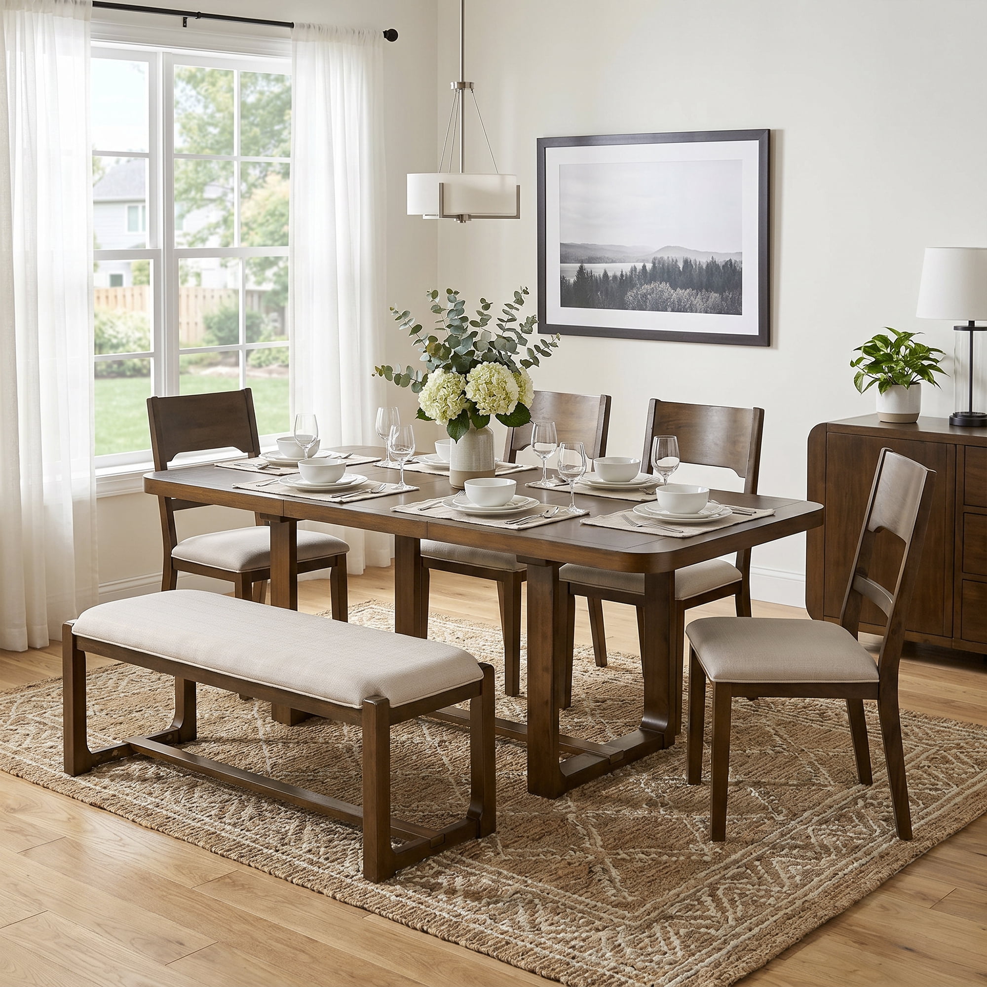 Mintazer 6-Piece Extendable Dining Table Set with 4 Upholstered Chairs & Bench, Rectangular Expandable Kitchen Table with Anti-Scratch Foot Pads, Walnut Brown