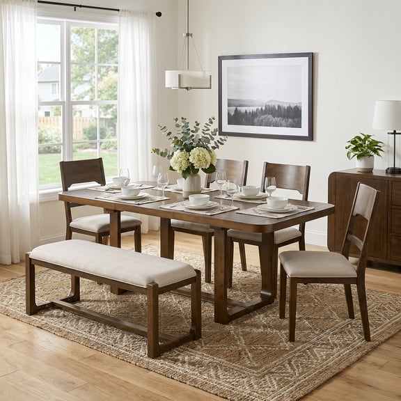Mintazer 6-Piece Extendable Dining Table Set with 4 Upholstered Chairs & Bench, Rectangular Expandable Kitchen Table with Anti-Scratch Foot Pads, Walnut Brown