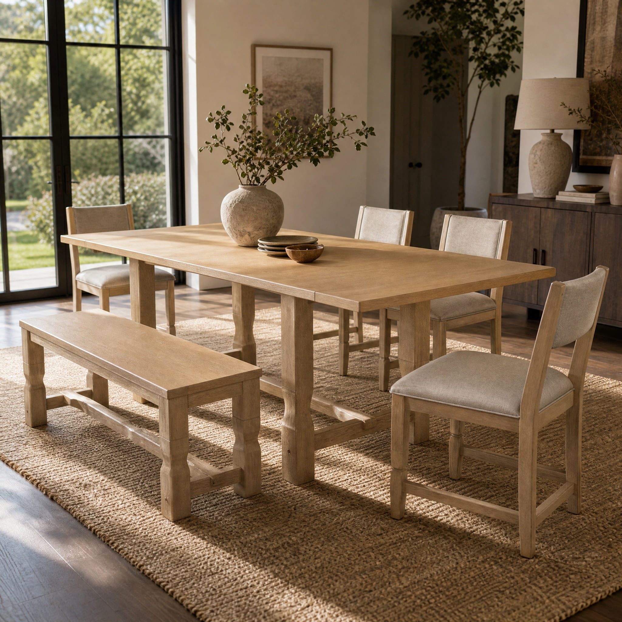 Mintazer 6 Piece Extendable Dining Table Set with 4 Upholstered Dining Chairs & Bench, 84 Inch Rectangular Farmhouse Dinner Table with 2 Removable Leaves for Kitchen Dining Room Apartment, Natural