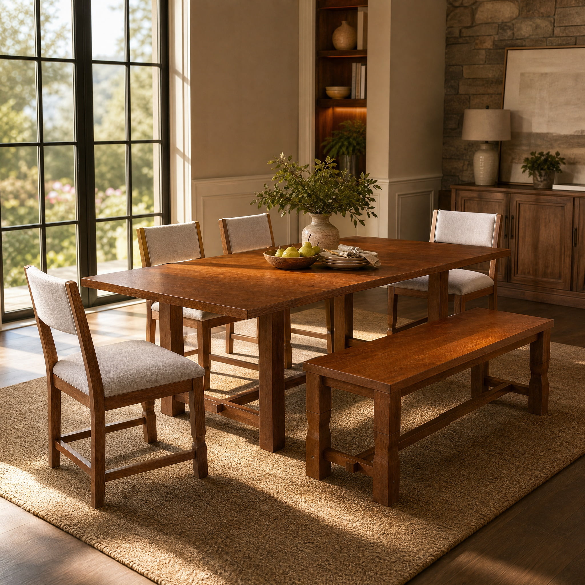 Mintazer 6 Piece Extendable Dining Table Set with 4 Upholstered Dining Chairs & Bench, 84 Inch Rectangular Farmhouse Dinner Table with 2 Removable Leaves for Kitchen Dining Room Apartment, Brown
