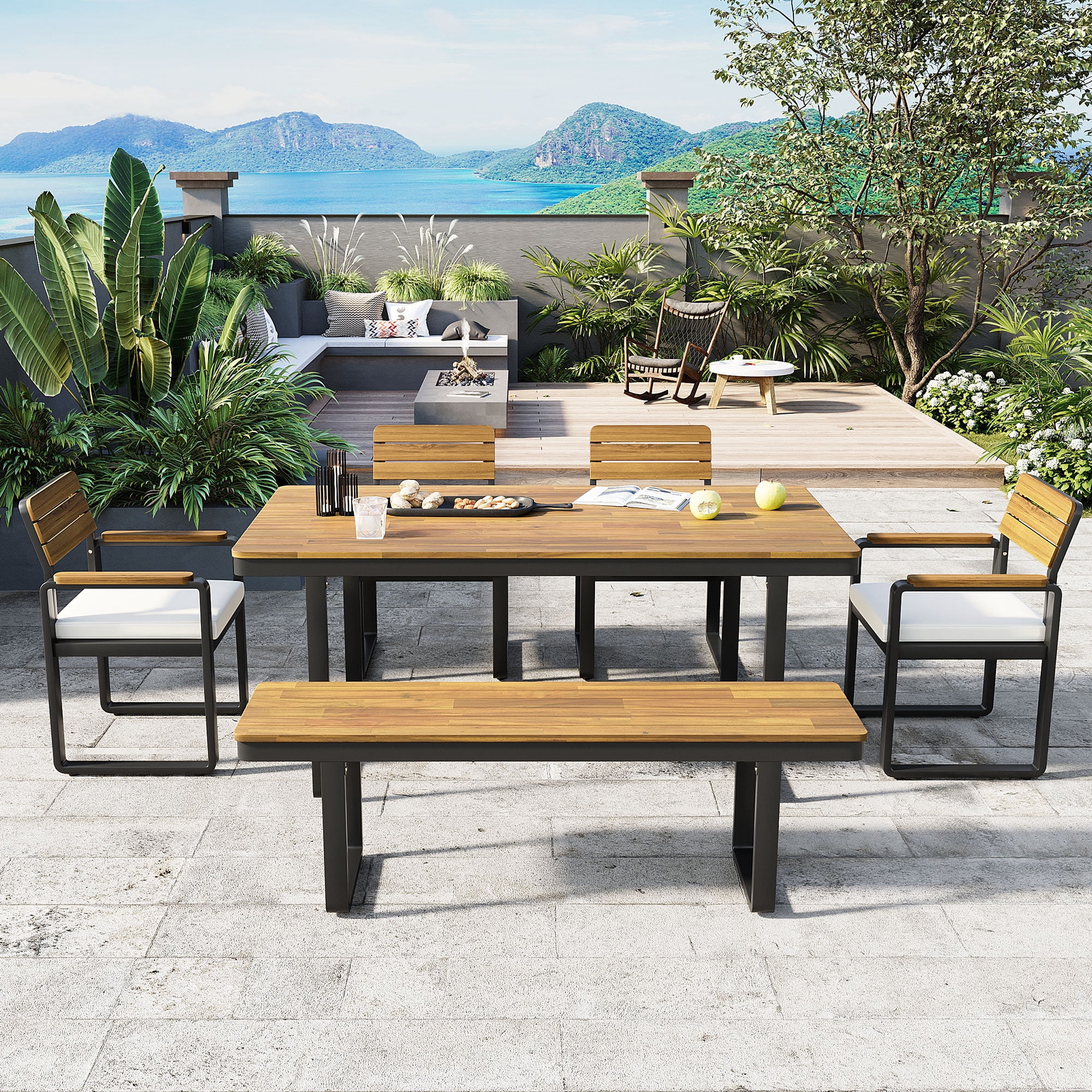 Mintazer 6-Piece Patio Dining Set with Table, 4 Chairs & Bench, Outdoor Dining Set with Adjustable Feet & Cushions for Patio Garden Balcony Backyard, Natural & Beige