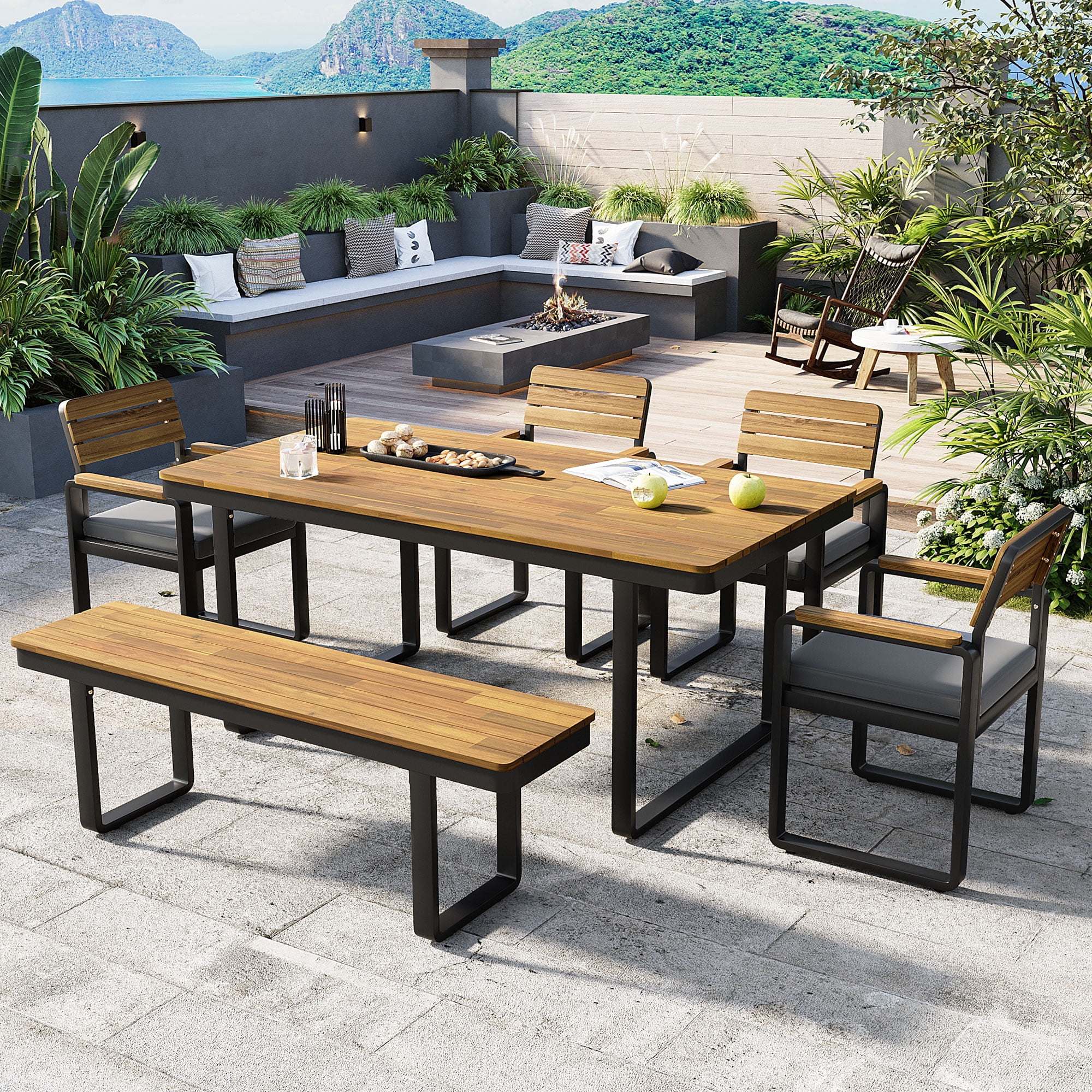 Mintazer 6-Piece Patio Dining Set with Table, 4 Chairs & Bench, Outdoor Dining Set with Adjustable Feet & Cushions for Patio Garden Balcony Backyard, Natural & Gray