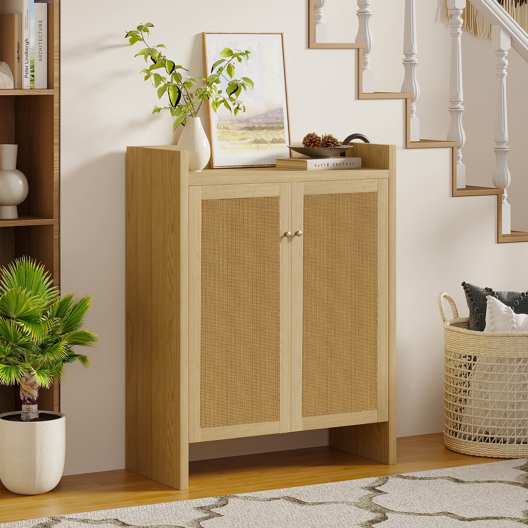 Mintazer 6 Tier Shoe Cabinet with Rattan Door & Umbrella Hook, Shoe Storage Organizer with Adjustable Shelves for Entryway Hallway Living Room, Natural