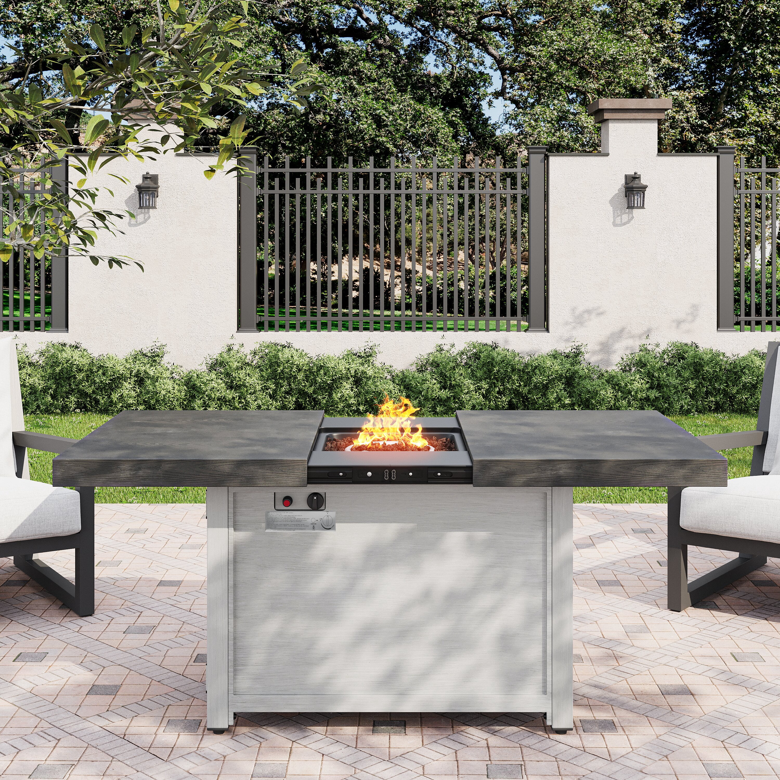 Mintazer 60" Extendable Rectangle Aluminum Fire Pit Table, 50,000 BTU Propane Fire Pits for Outdoor with Lid and Lava Rock,Dark Gray