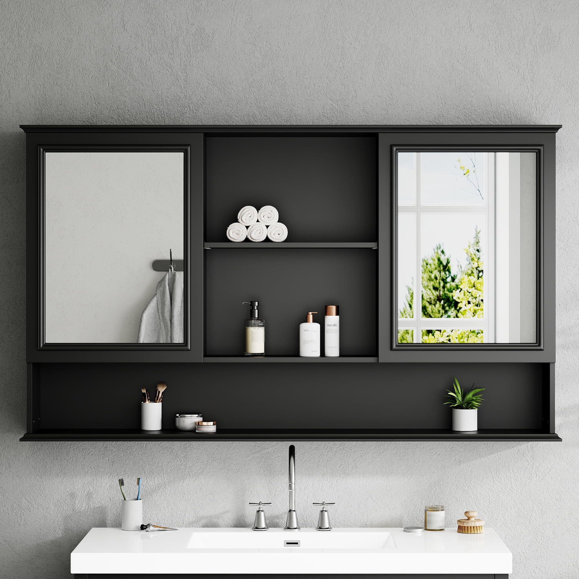 Mintazer 60" Wall Mounted Bathroom Medicine Cabinet with 2 Mirrored Doors, Adjustable Shelves & Soft Close Hinges for Bathroom Laundry Room, Black