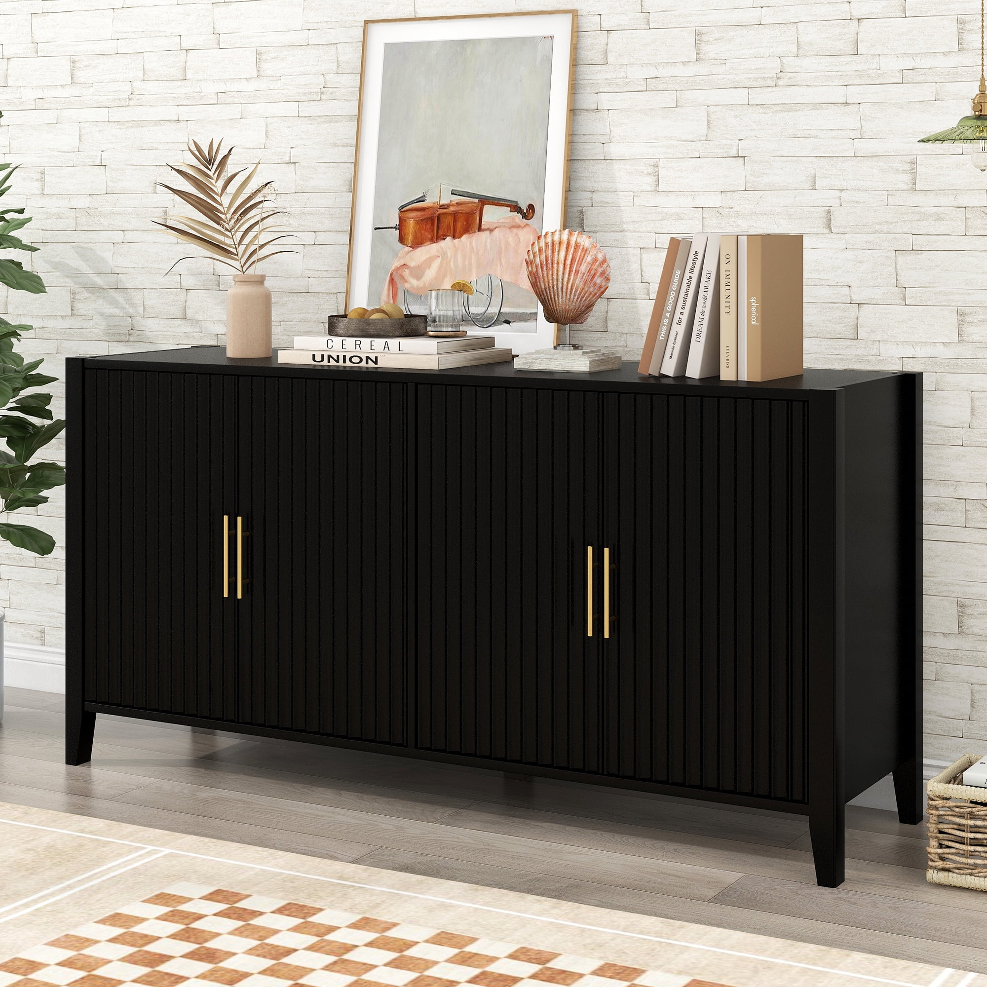 Mintazer 61" Fluted Sideboard Buffet Cabinet with 4 Door, Modern Wave Slatted Storage Credenza with Gold Metal Handles for Dining Room Living Room Entryway, Black