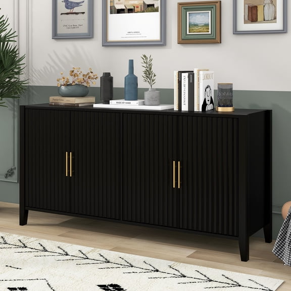Mintazer 61" Fluted Sideboard Buffet Cabinet with 4 Door, Modern Wave Slatted Storage Credenza with Gold Metal Handles for Dining Room Living Room Entryway, White