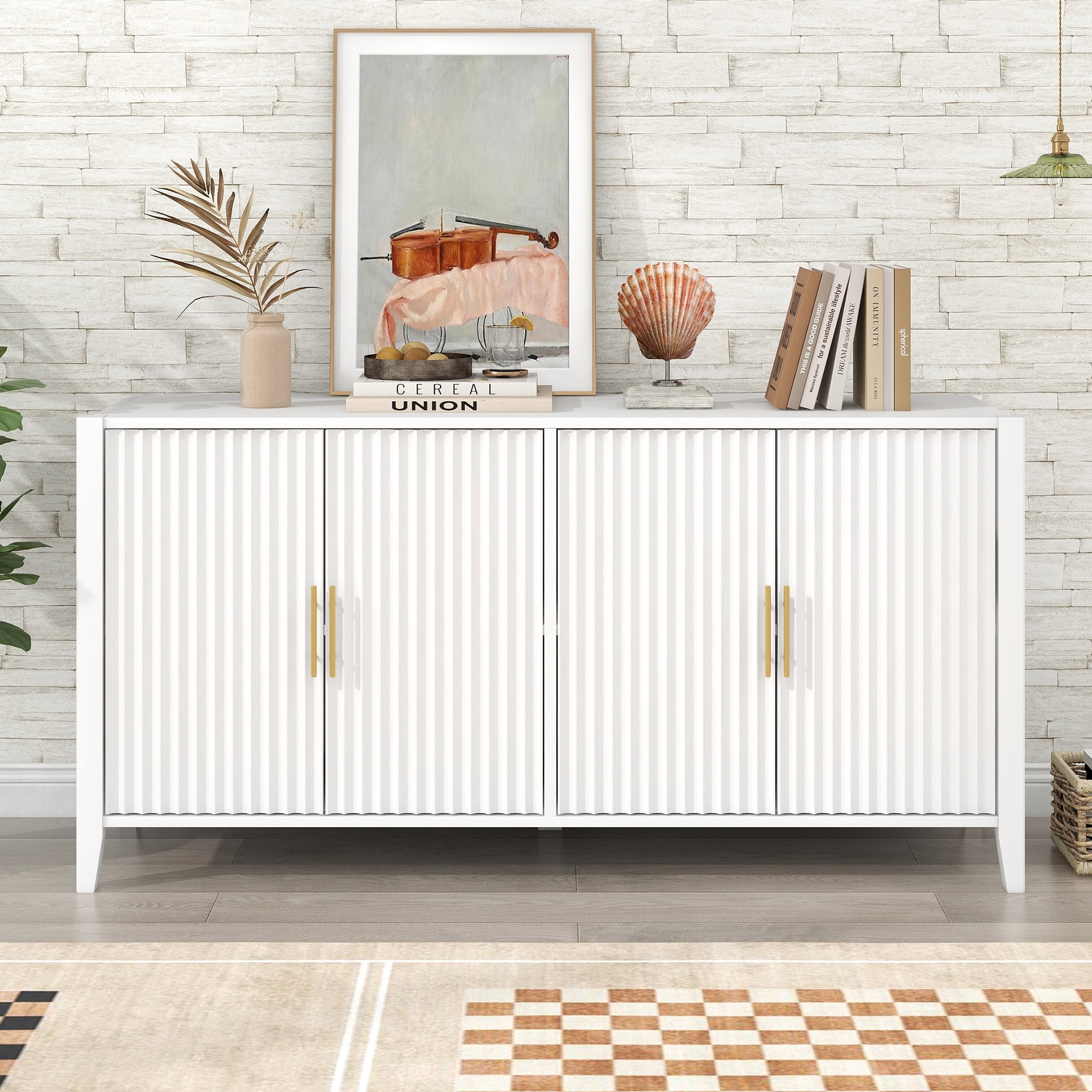Mintazer 61" Fluted Sideboard Buffet Cabinet with 4 Door, Modern Wave Slatted Storage Credenza with Gold Metal Handles for Dining Room Living Room Entryway, White